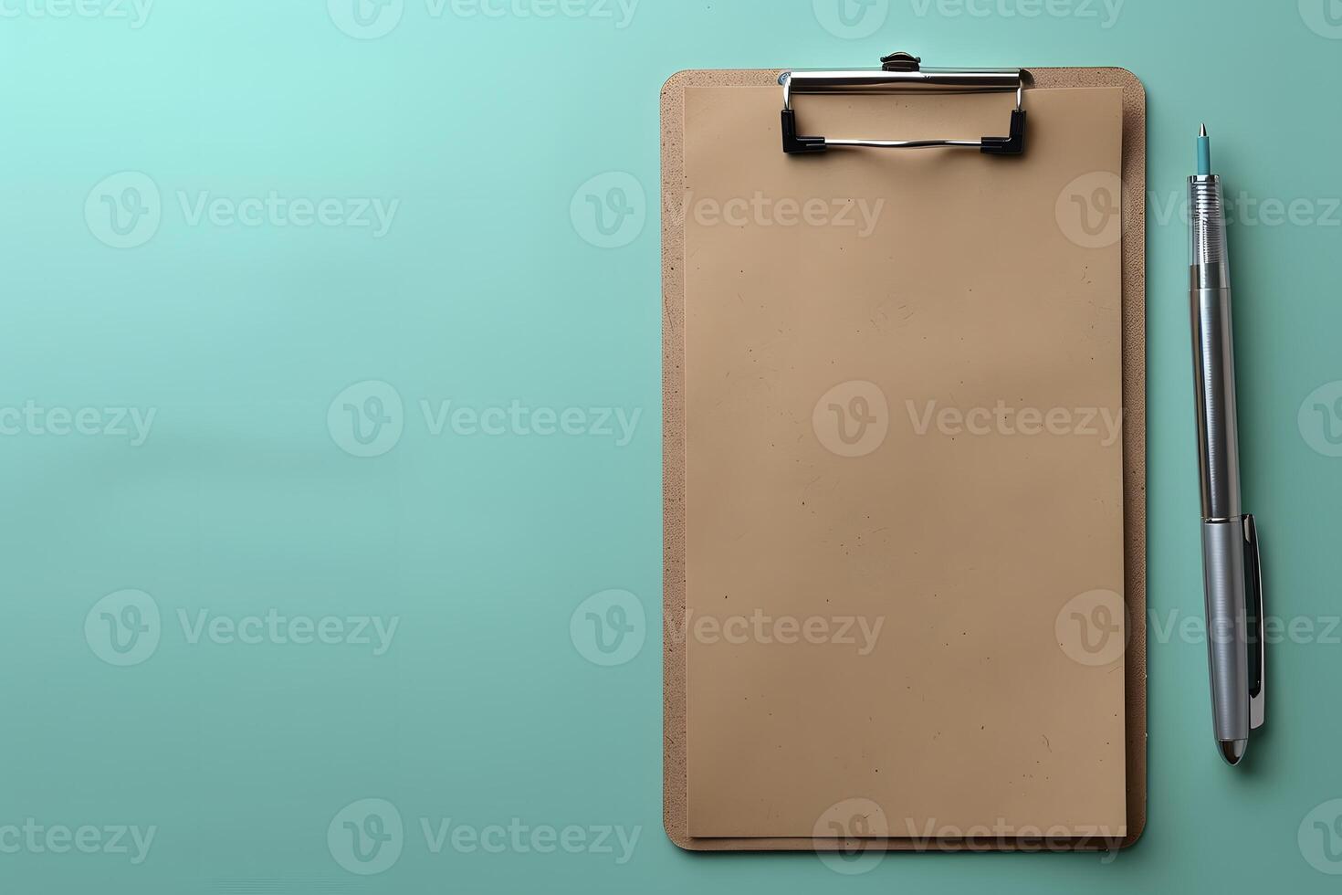 Blank Clipboard with Pen on Blue Background for Office and Design Concepts photo