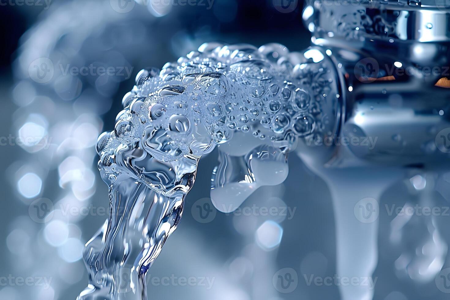 Crystal Clear Water Flow and Bubbles from Faucet - Freshness and Purity Concept photo