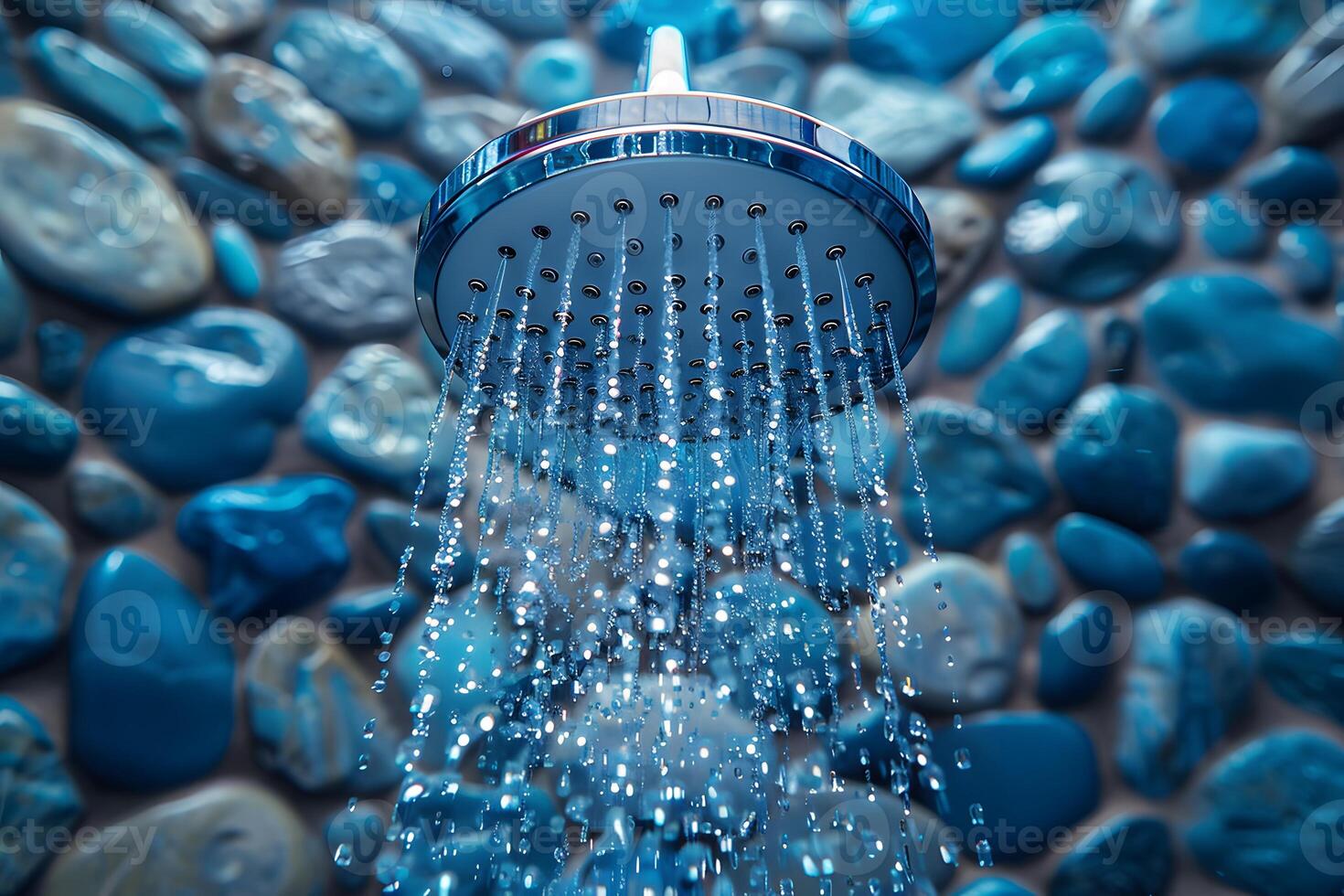 Modern Showerhead with Flowing Water Against Decorative Blue Pebble Wall photo