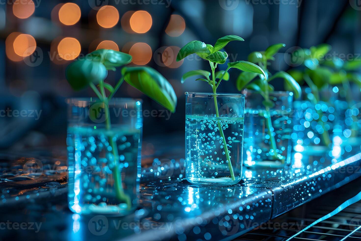 Hydroponic Plant Growth in Glass Beakers with Bokeh Lights Background photo