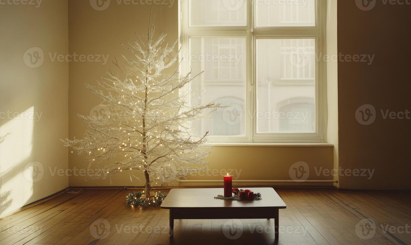 A white Christmas tree sits in front of a window with a candle on a table photo