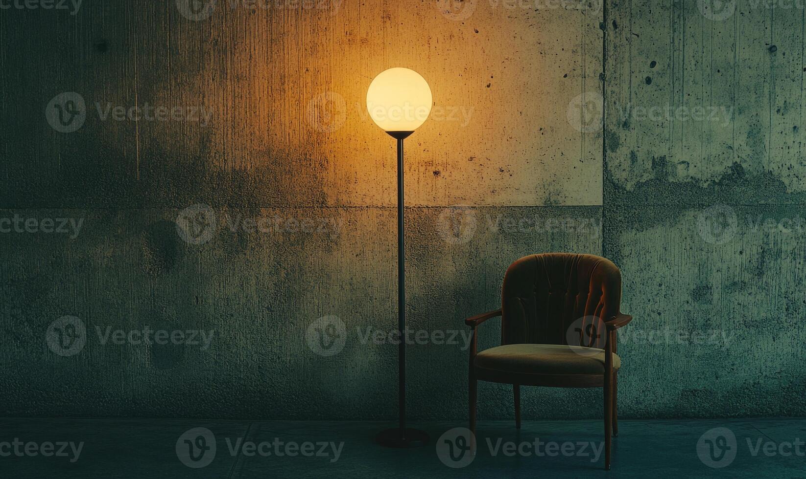 A lamp is lit up in a room with a chair in front of it photo