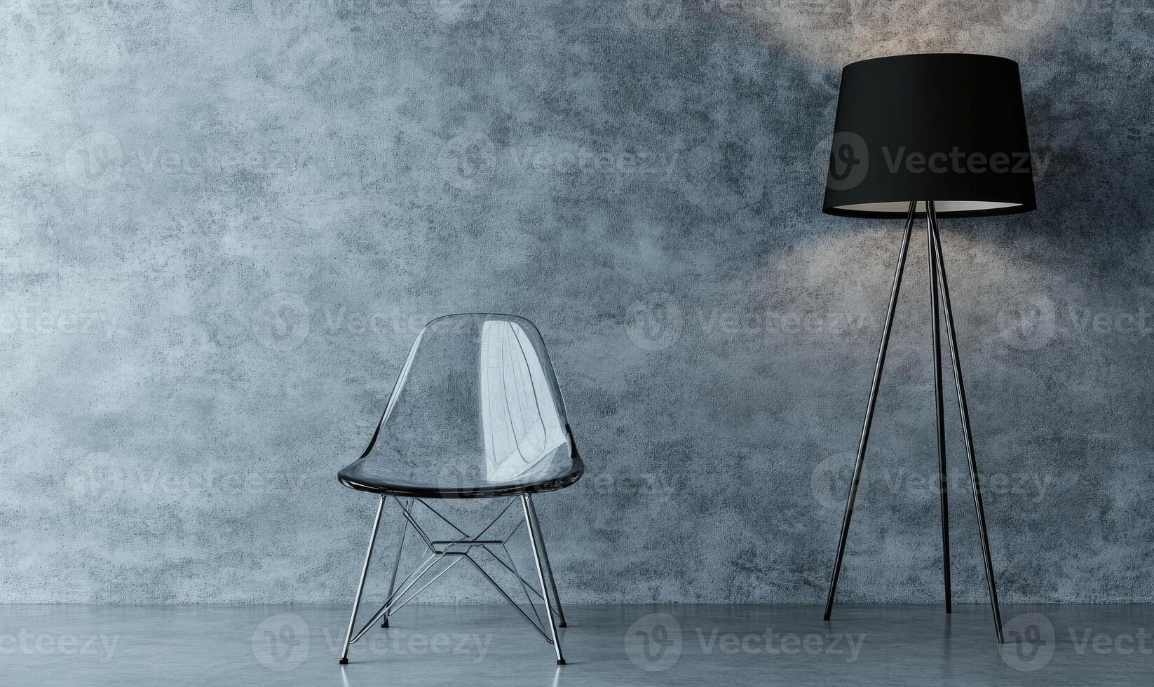 A chair and a lamp are placed in front of a wall photo