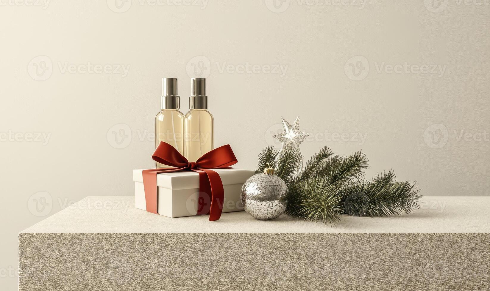 A white box with a red ribbon sits on a table next to two bottles of perfume photo