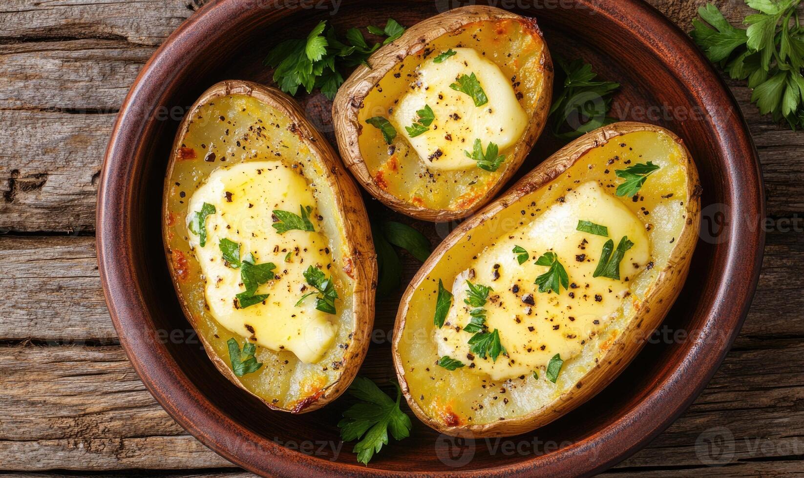 Three small baked potatoes with butter and parsley on top photo