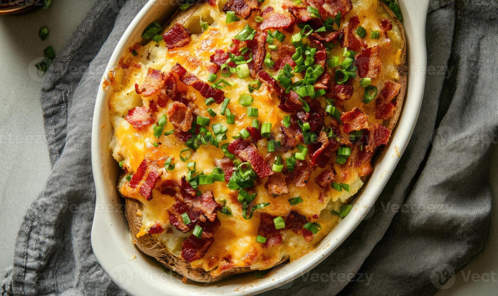 A white bowl of mashed potatoes with bacon and green onions photo