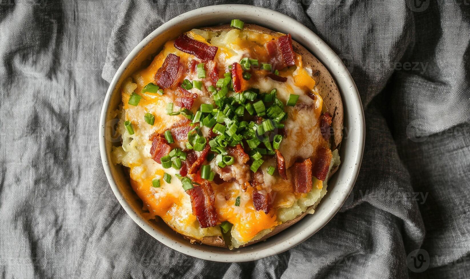 A bowl of food with bacon and onions on top photo