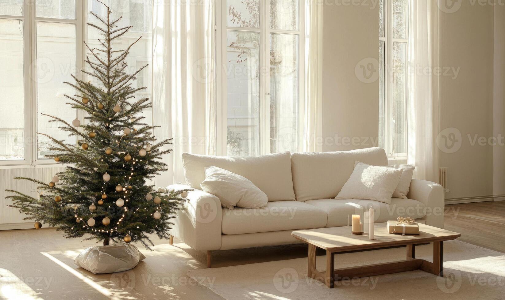 A white couch sits in front of a Christmas tree photo