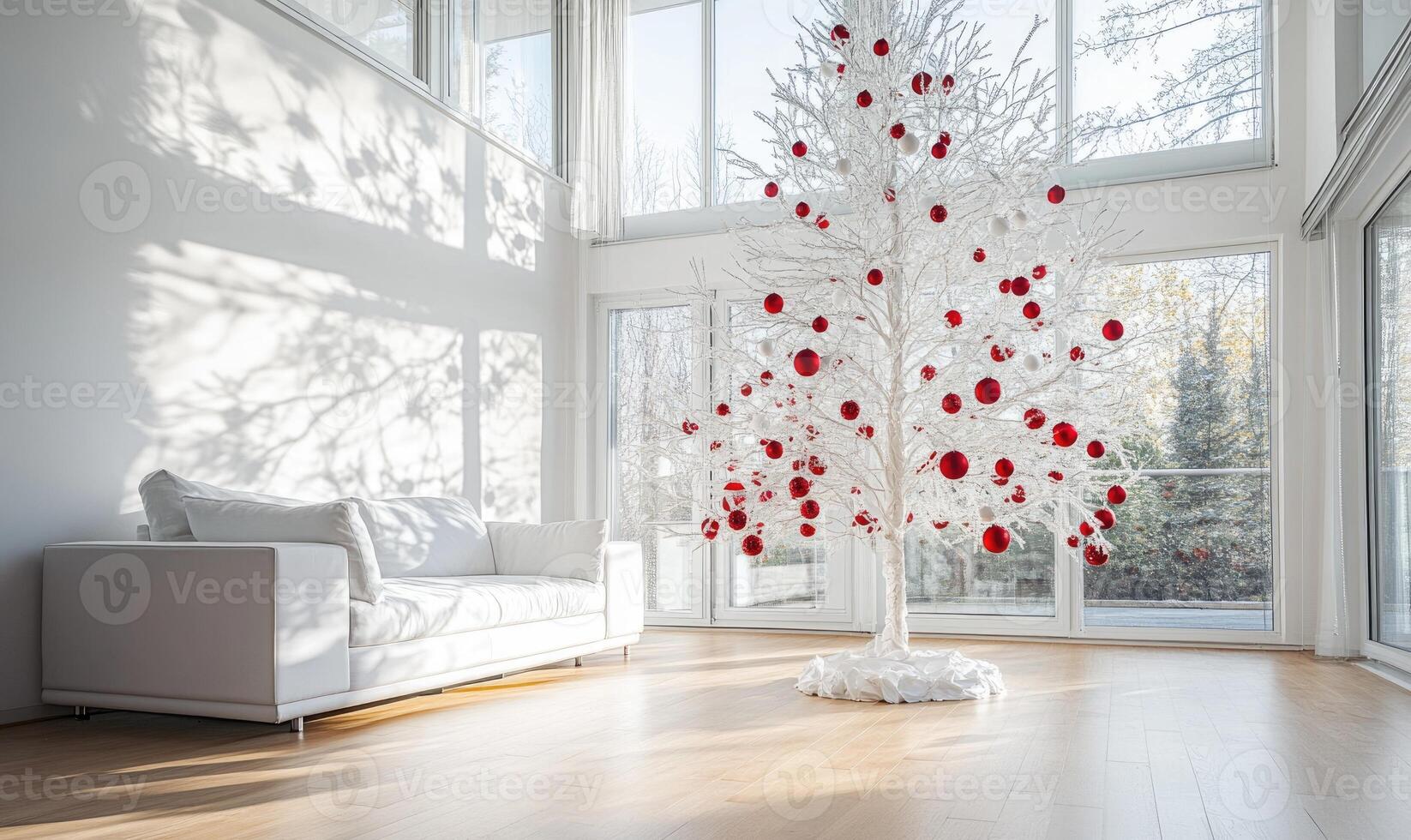 A white Christmas tree with red and white ornaments sits in a large, bright room photo