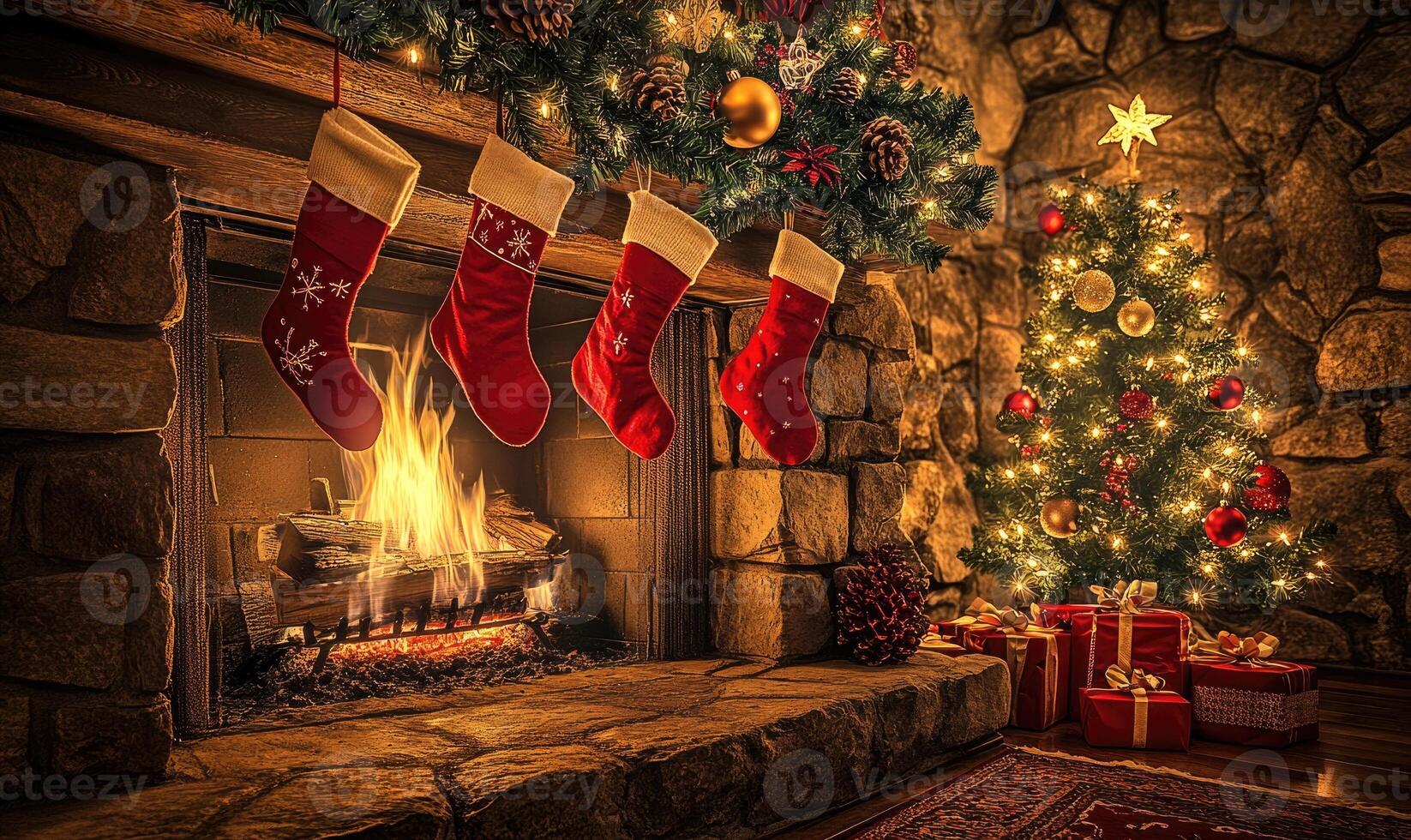 A cozy fireplace with a Christmas tree and four red stockings hanging from it photo