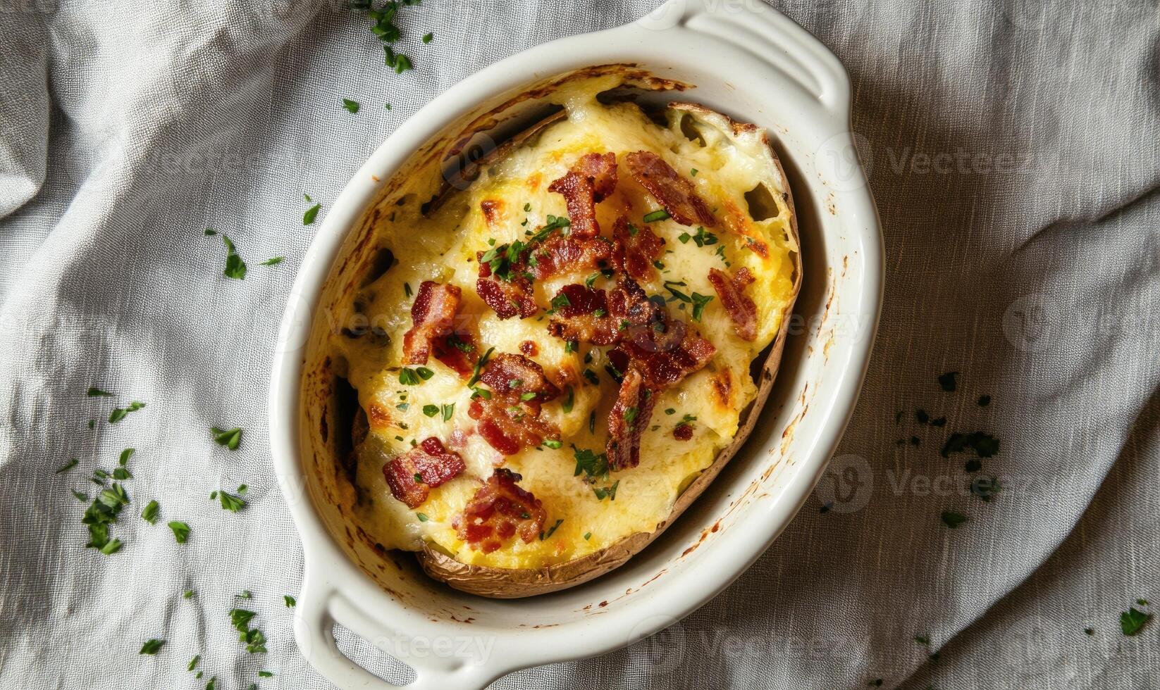A white bowl with a potato and bacon inside photo