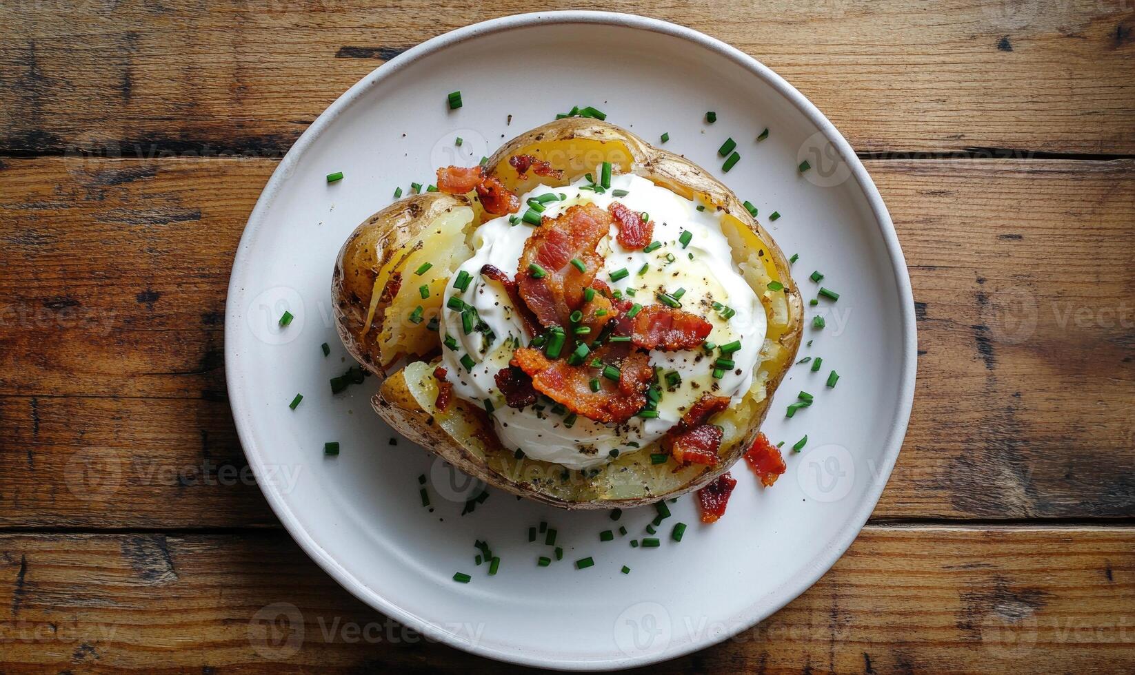 A plate of mashed potatoes with bacon and parsley on top photo