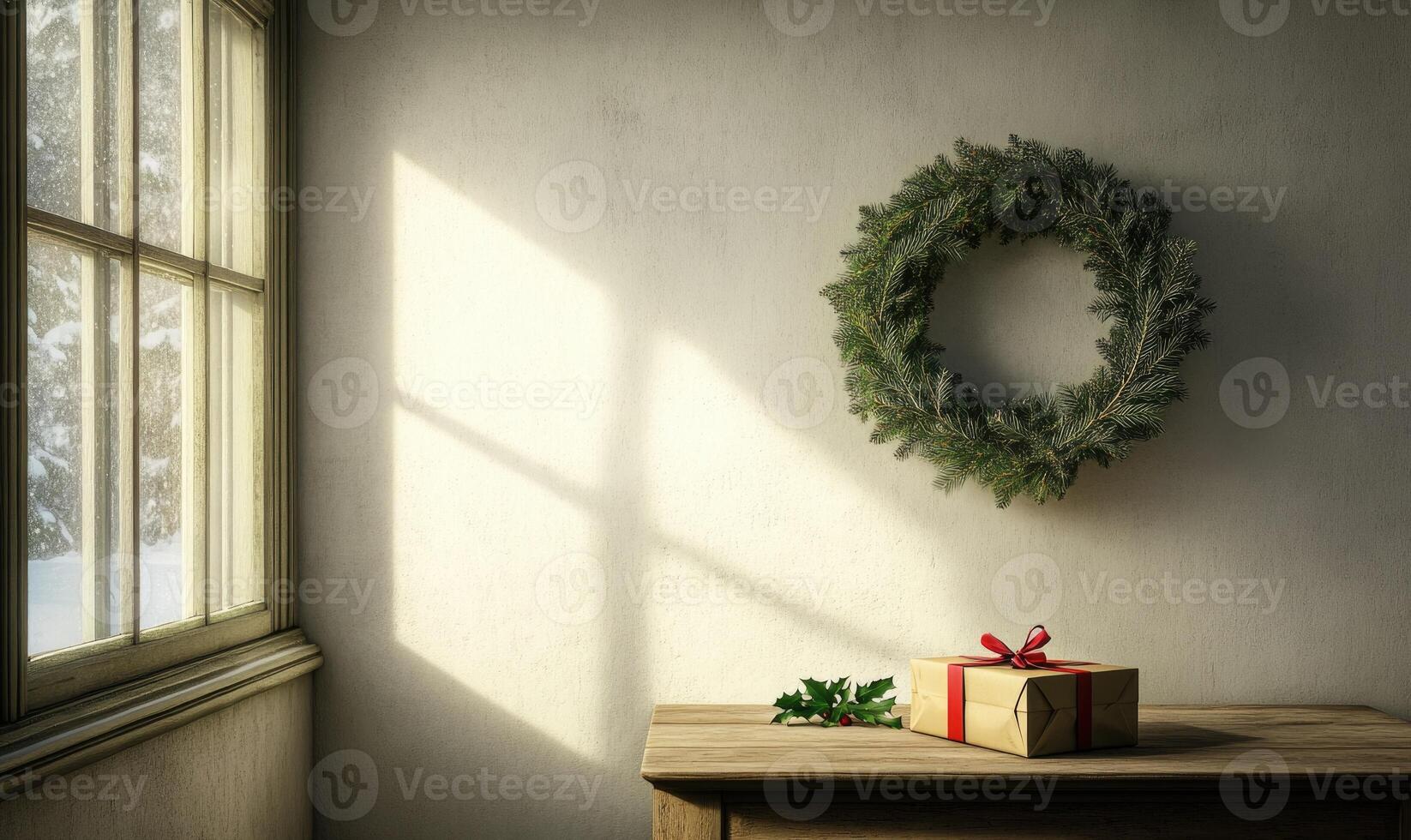 A wreath is hanging on a wall next to a window photo