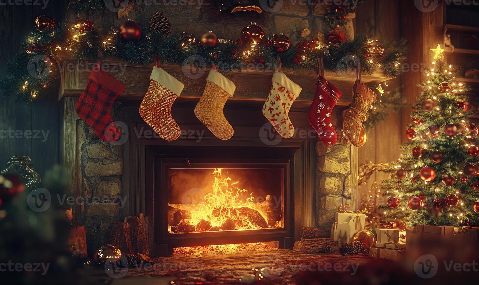 A fireplace with a Christmas tree and four stockings hanging above it photo
