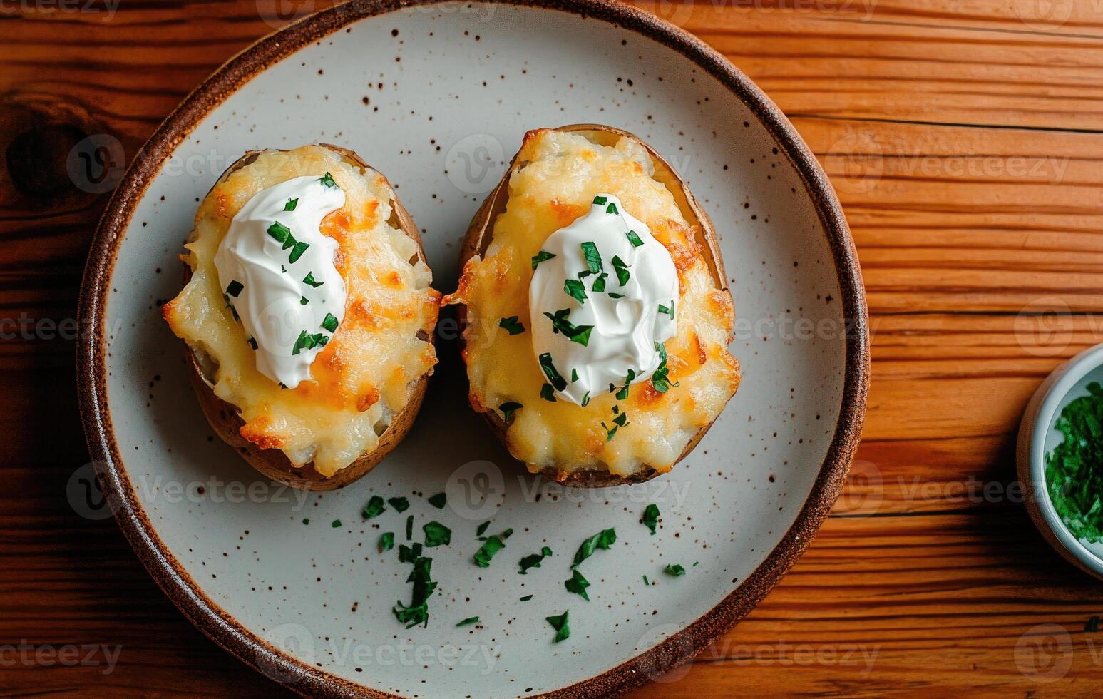Two baked potatoes with sour cream and parsley on top photo