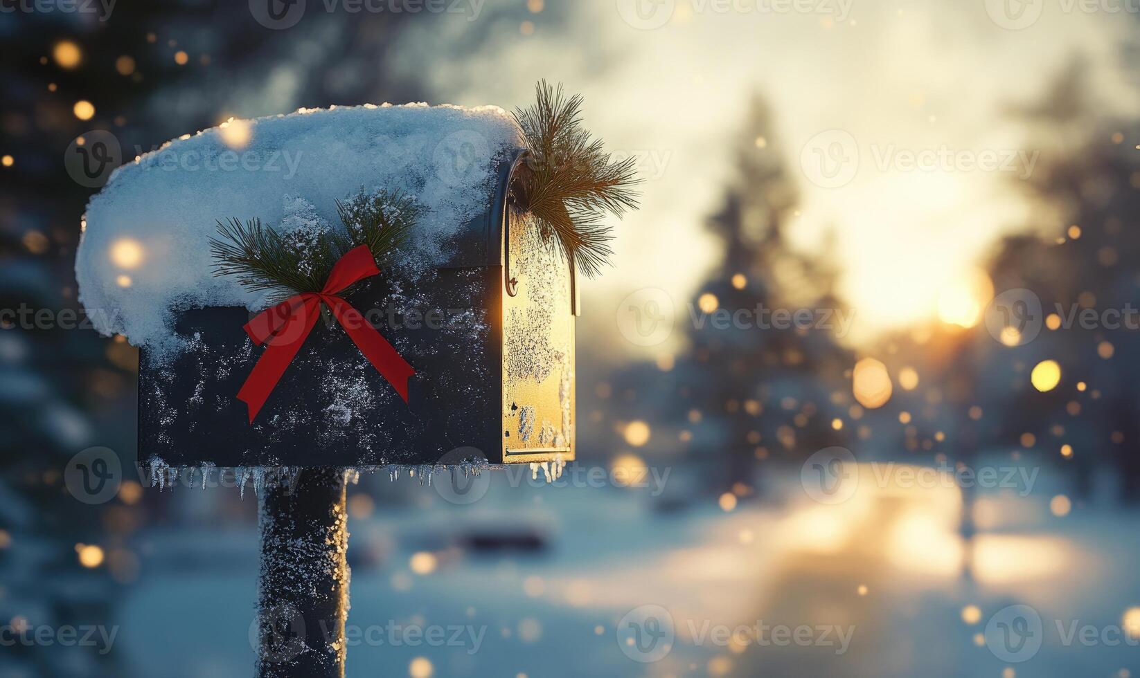 A mailbox covered in snow and red ribbons with a wreath on top photo