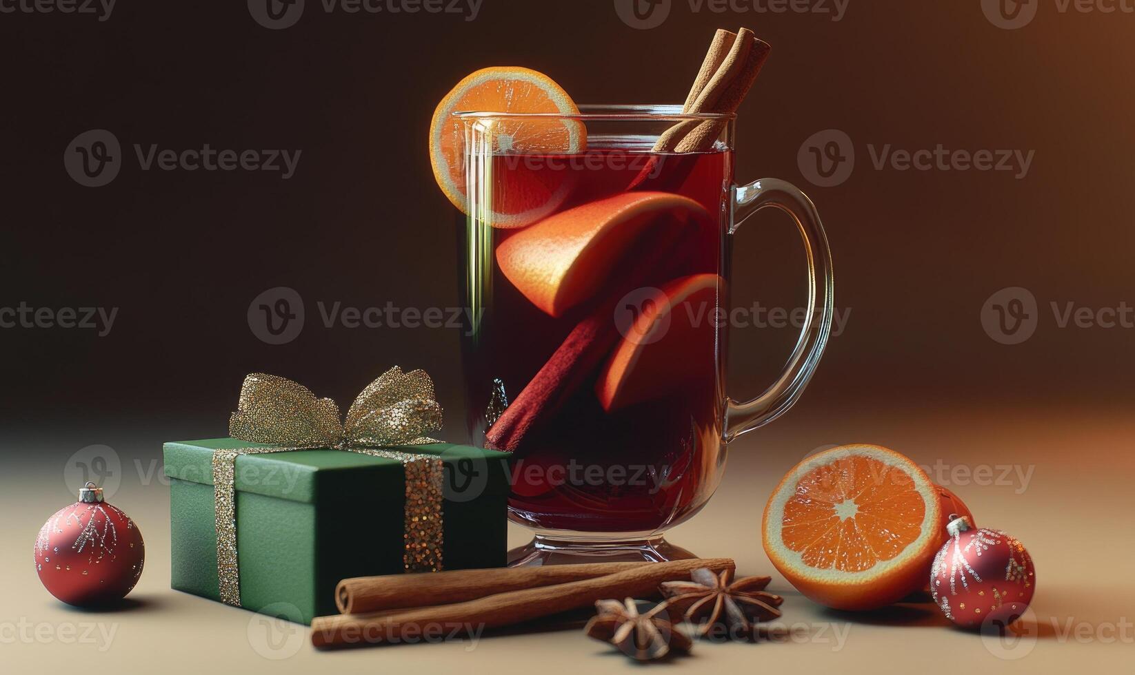 A glass of mulled wine with orange slices photo