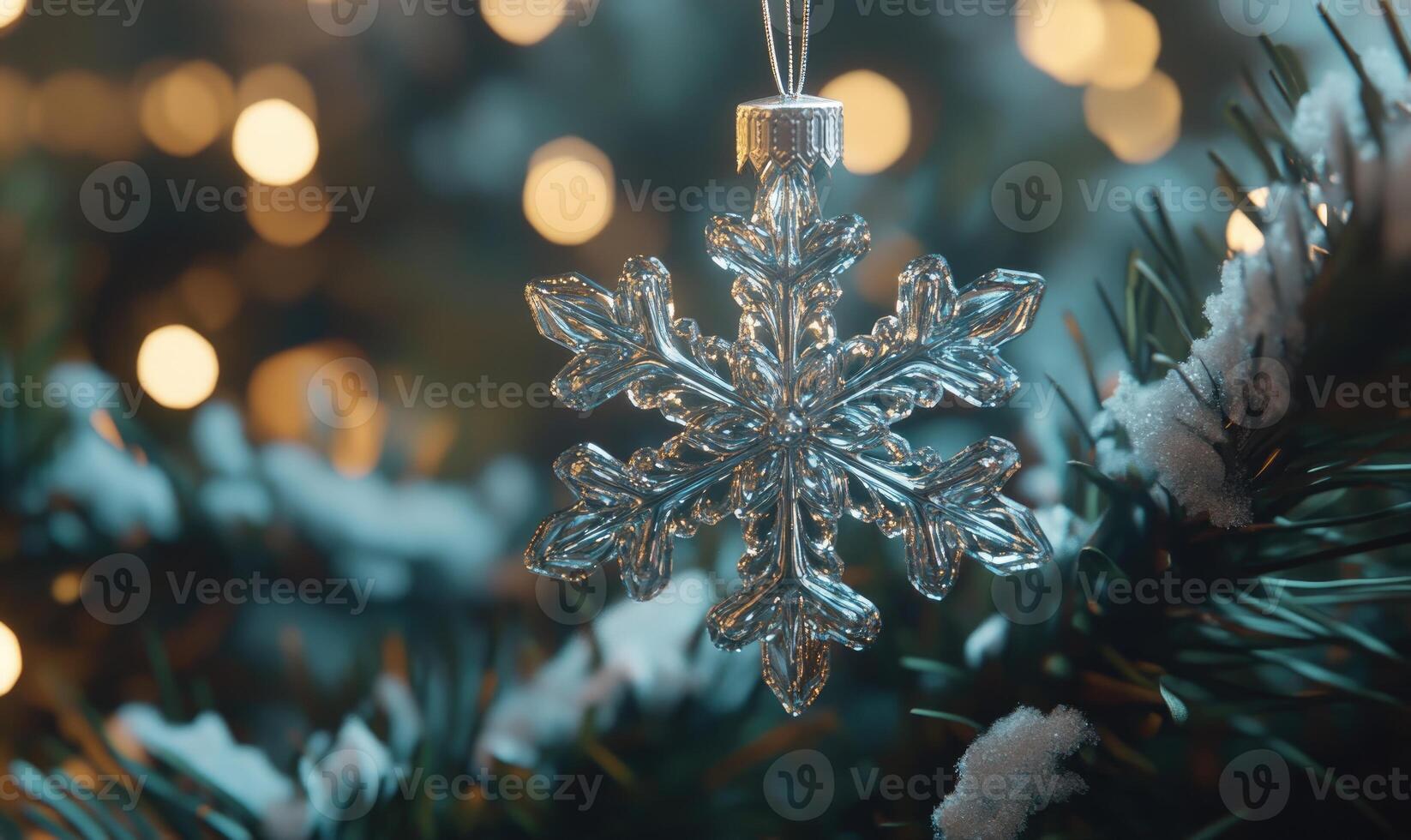 A snowflake ornament hangs on a tree branch photo