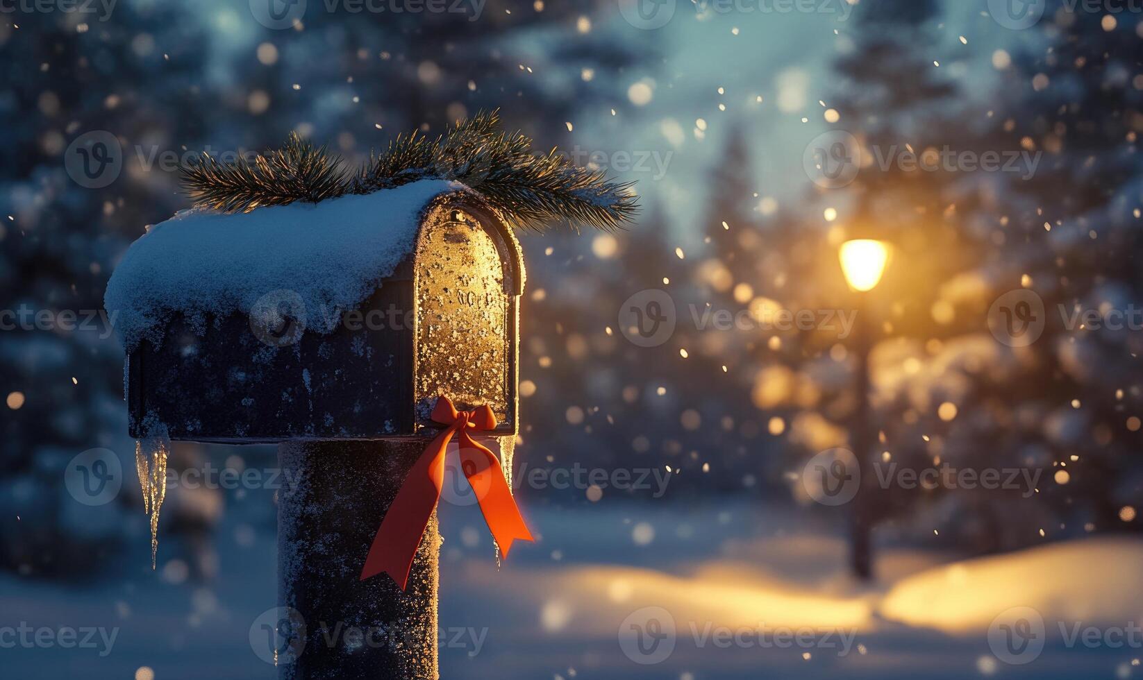 A mailbox covered in snow and a red ribbon photo