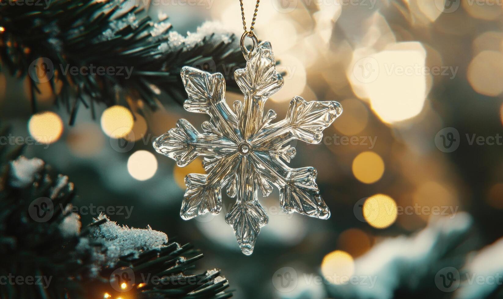 A snowflake ornament hangs on a tree branch photo