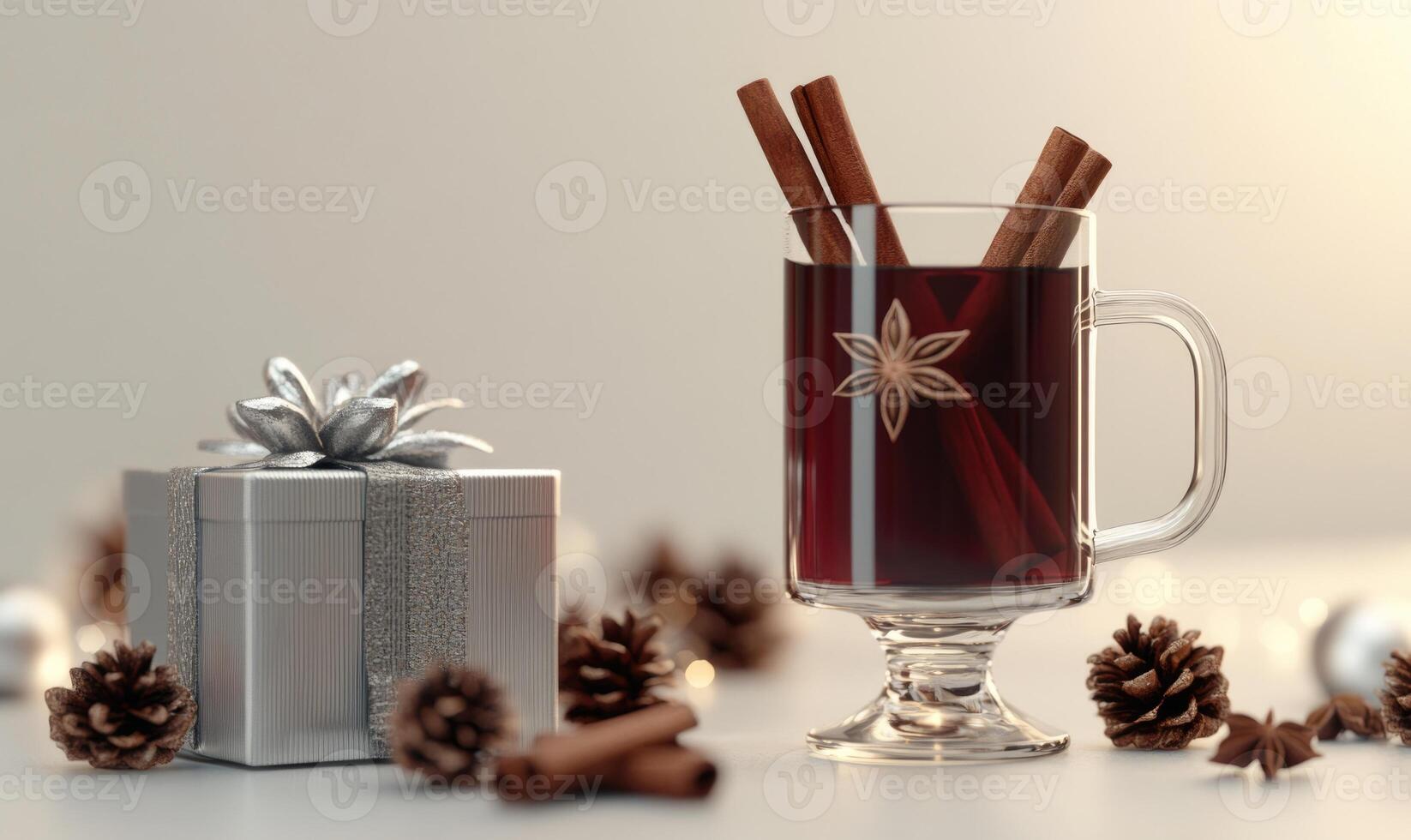 A glass of mulled wine sits on a table next to a silver box photo
