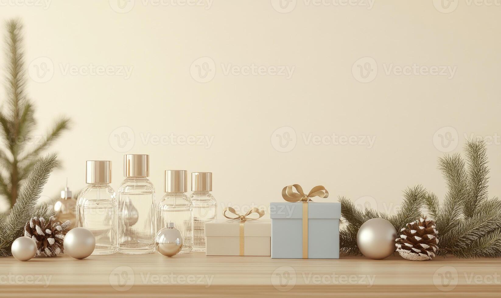 A table with a Christmas tree decoration and a few gifts on it photo