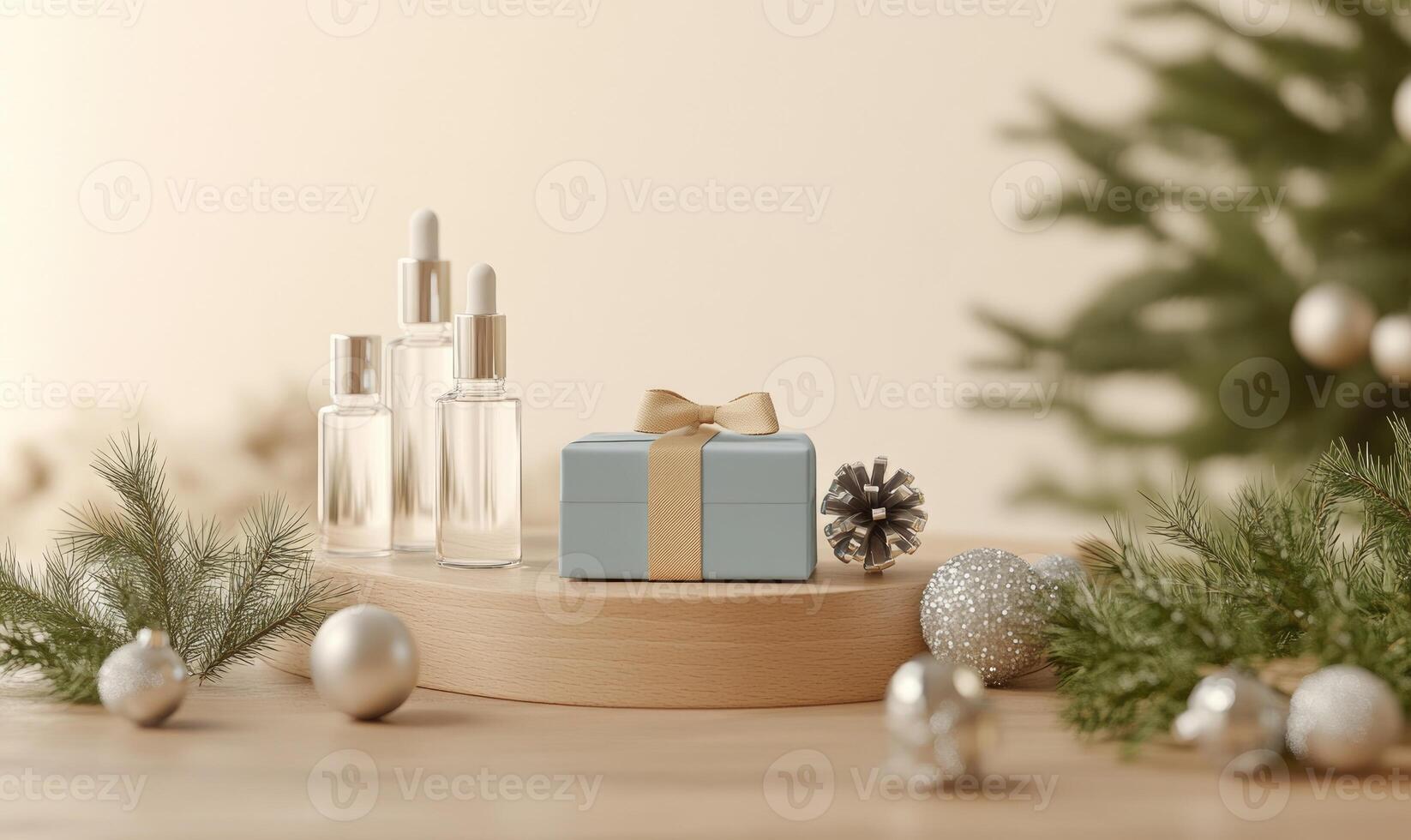 A gift box with a bow on top sits on a wooden platform with a few bottles photo