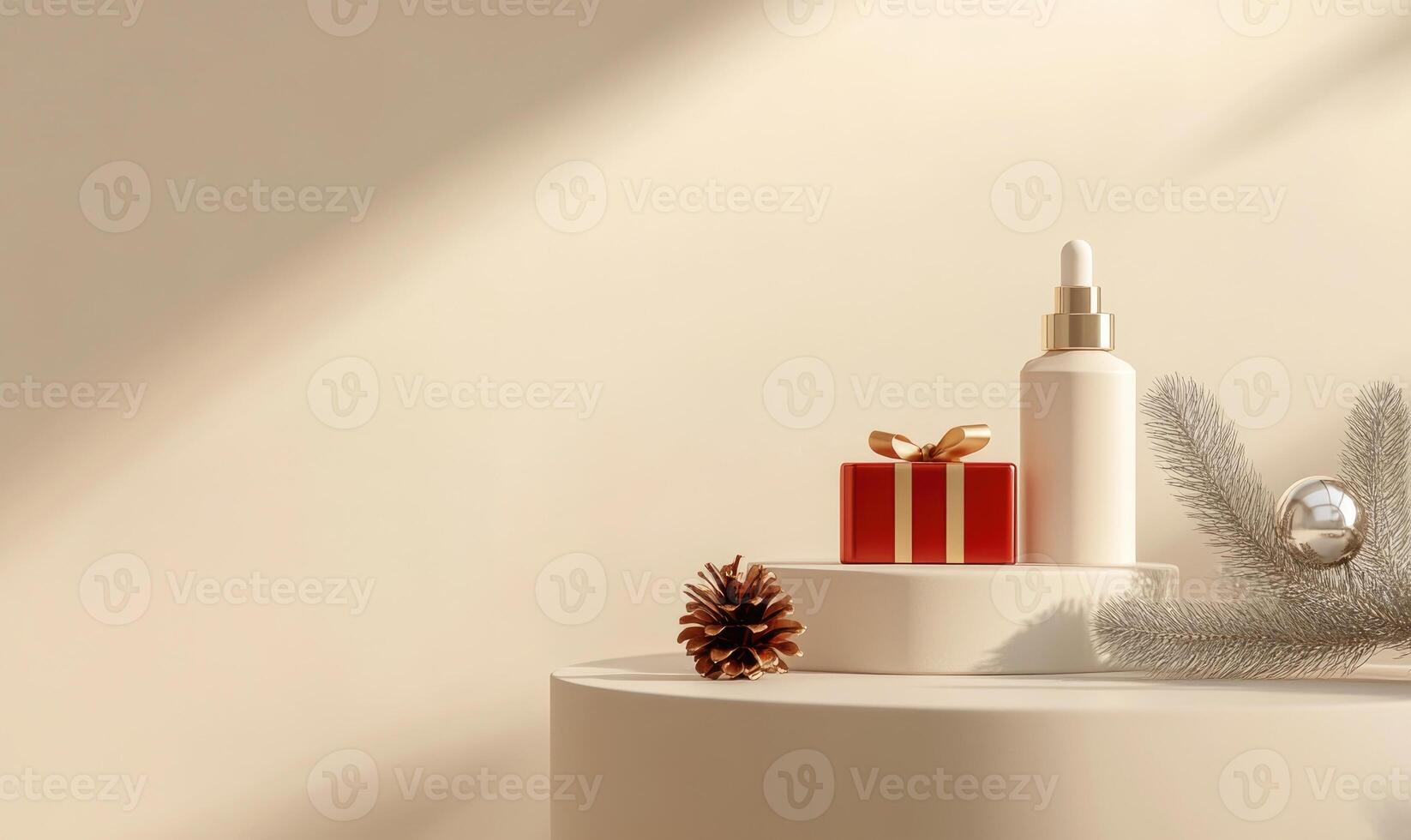 A white bottle of perfume sits on a table next to a red box photo