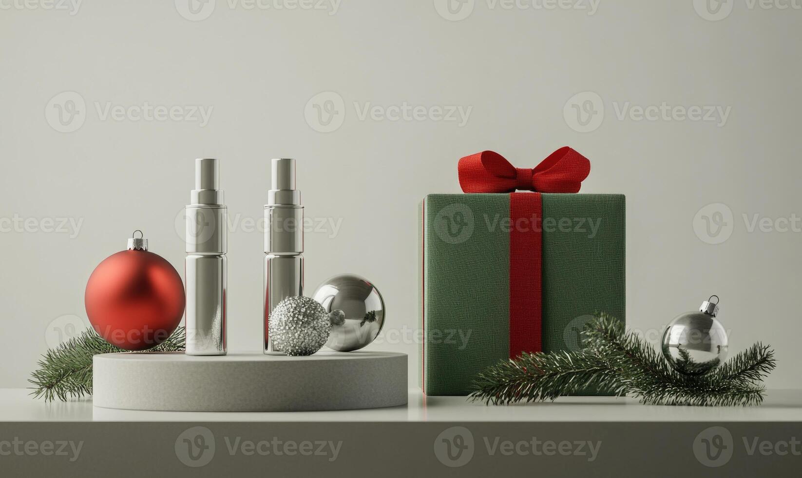 A Christmas gift box with a red ribbon sits on a white shelf next to a silver bo photo