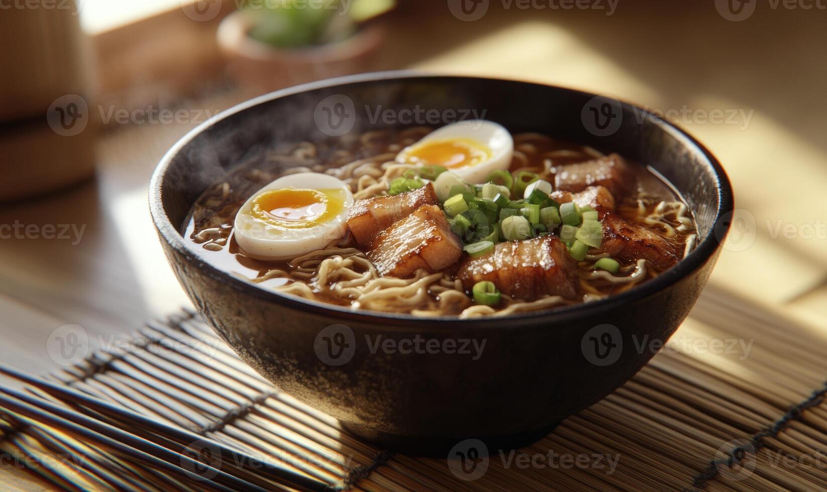 A bowl of ramen soup with eggs and green onions photo