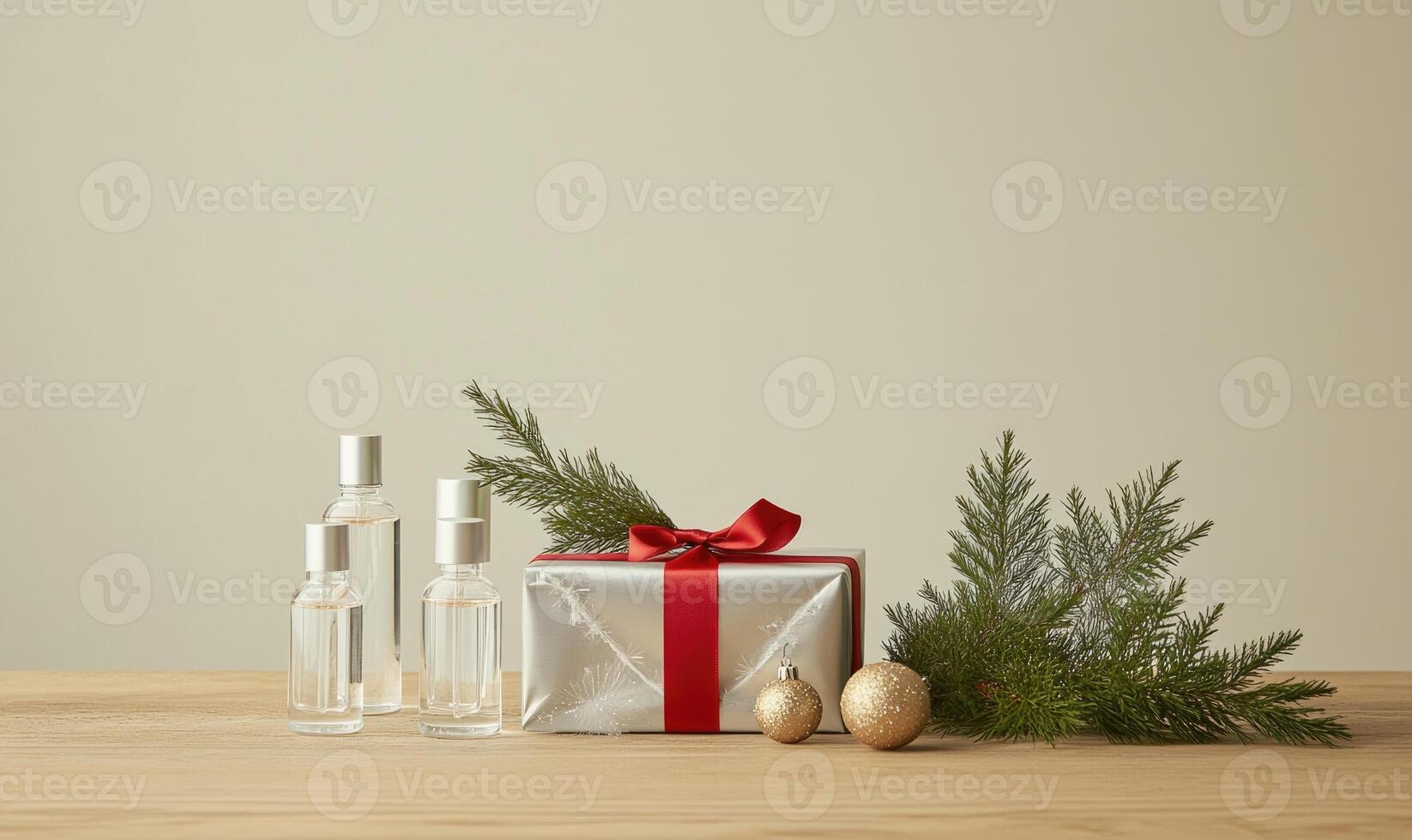 A silver box with a red ribbon sits on a table next to three clear bottles photo