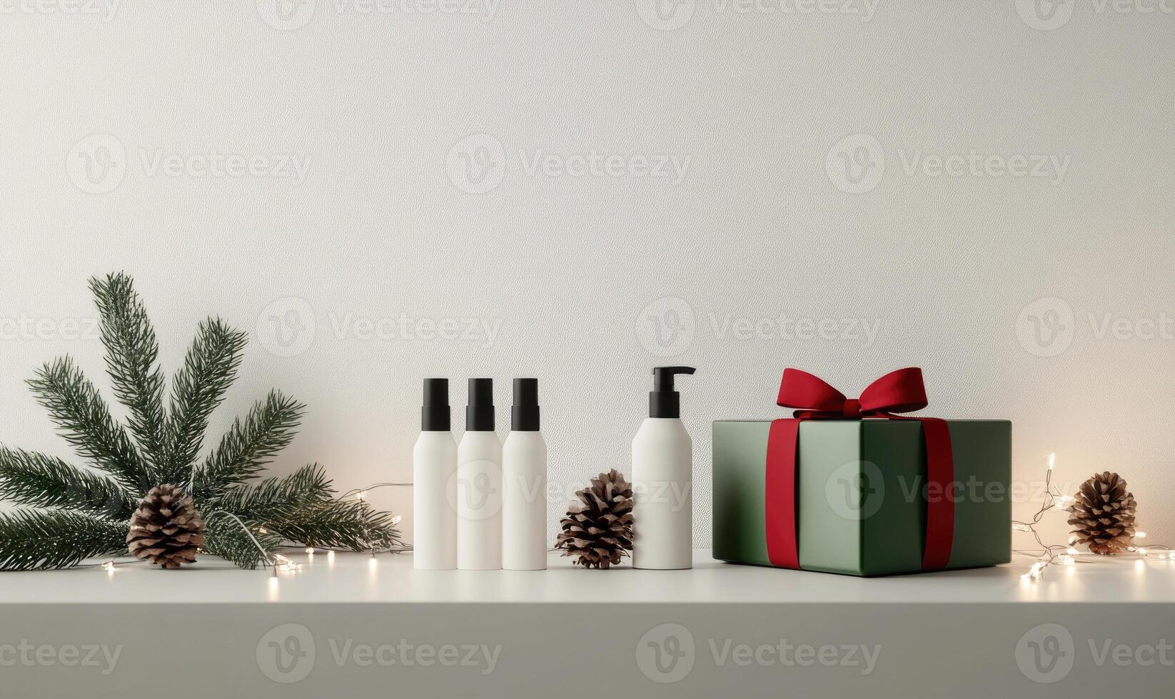 A shelf with a green box on it and three bottles of shampoo photo