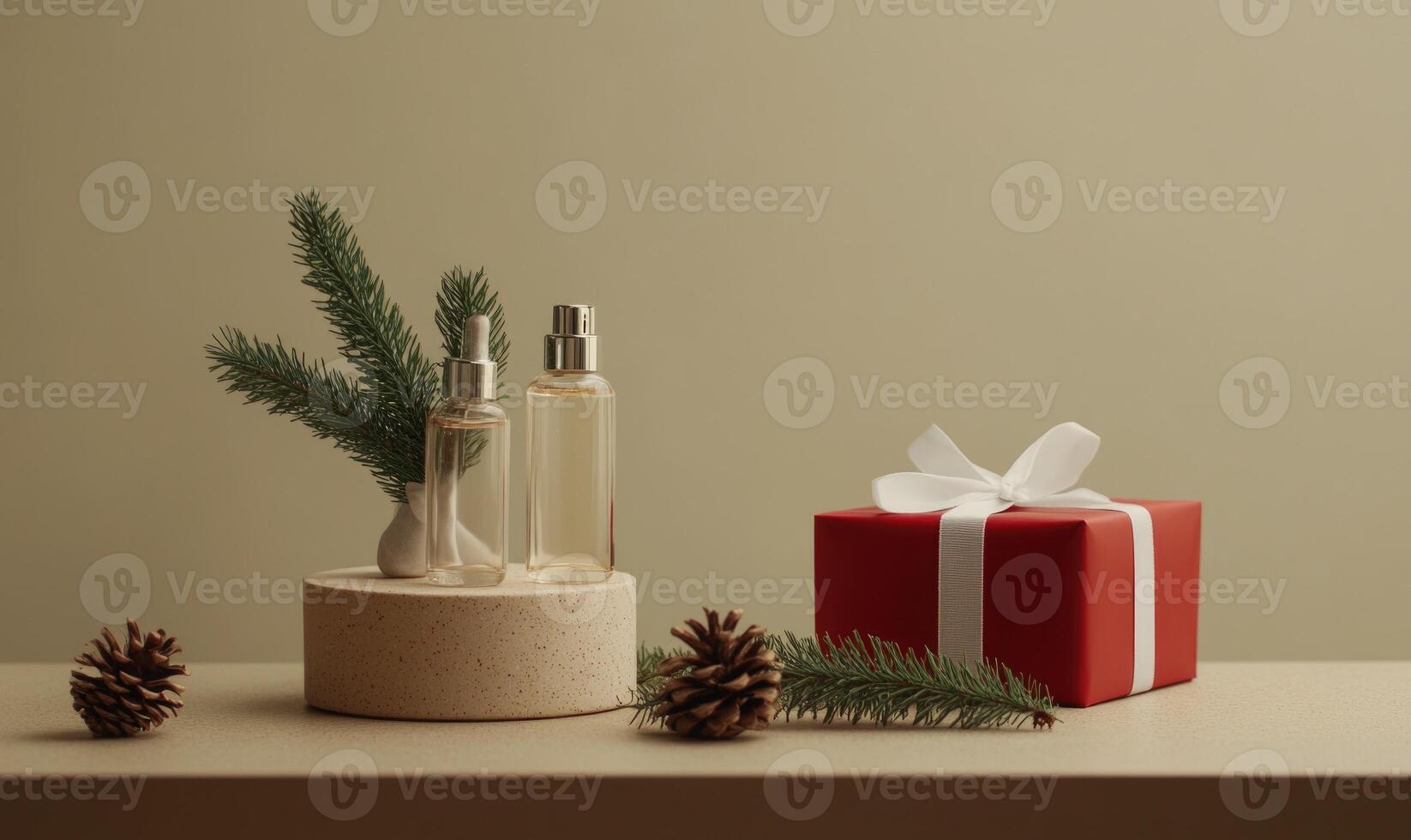 A red box with a white ribbon sits on a table next to two bottles of perfume photo