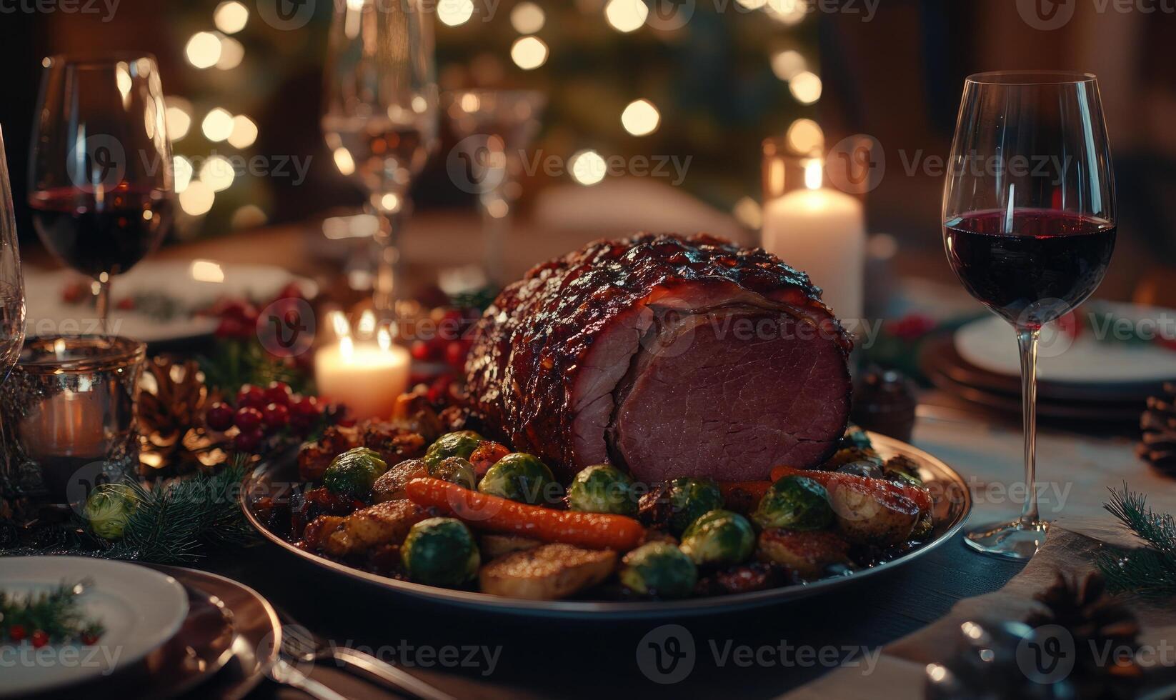A Christmas dinner with a ham roast, vegetables, and wine photo