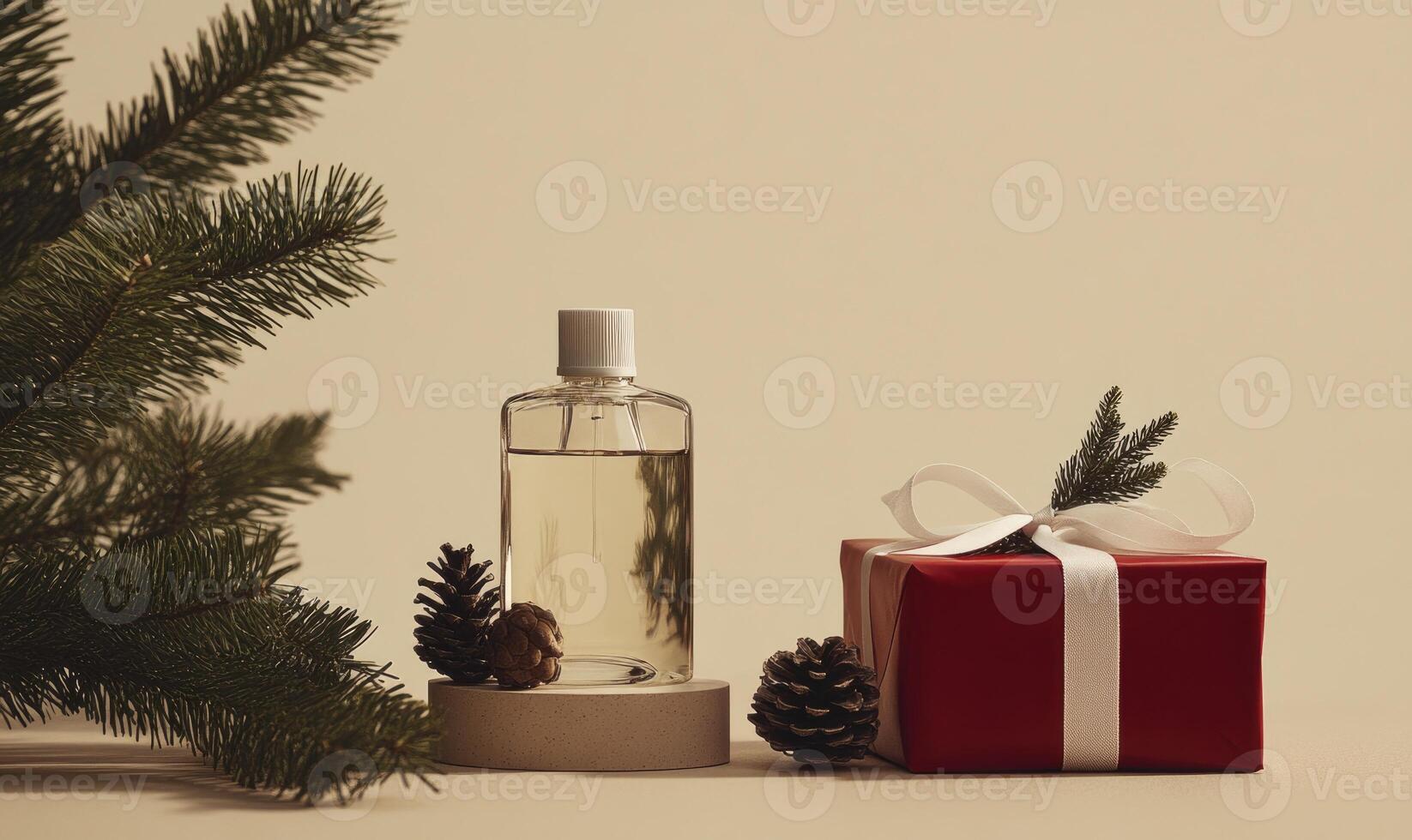 A bottle of perfume is next to a red box with a white ribbon photo