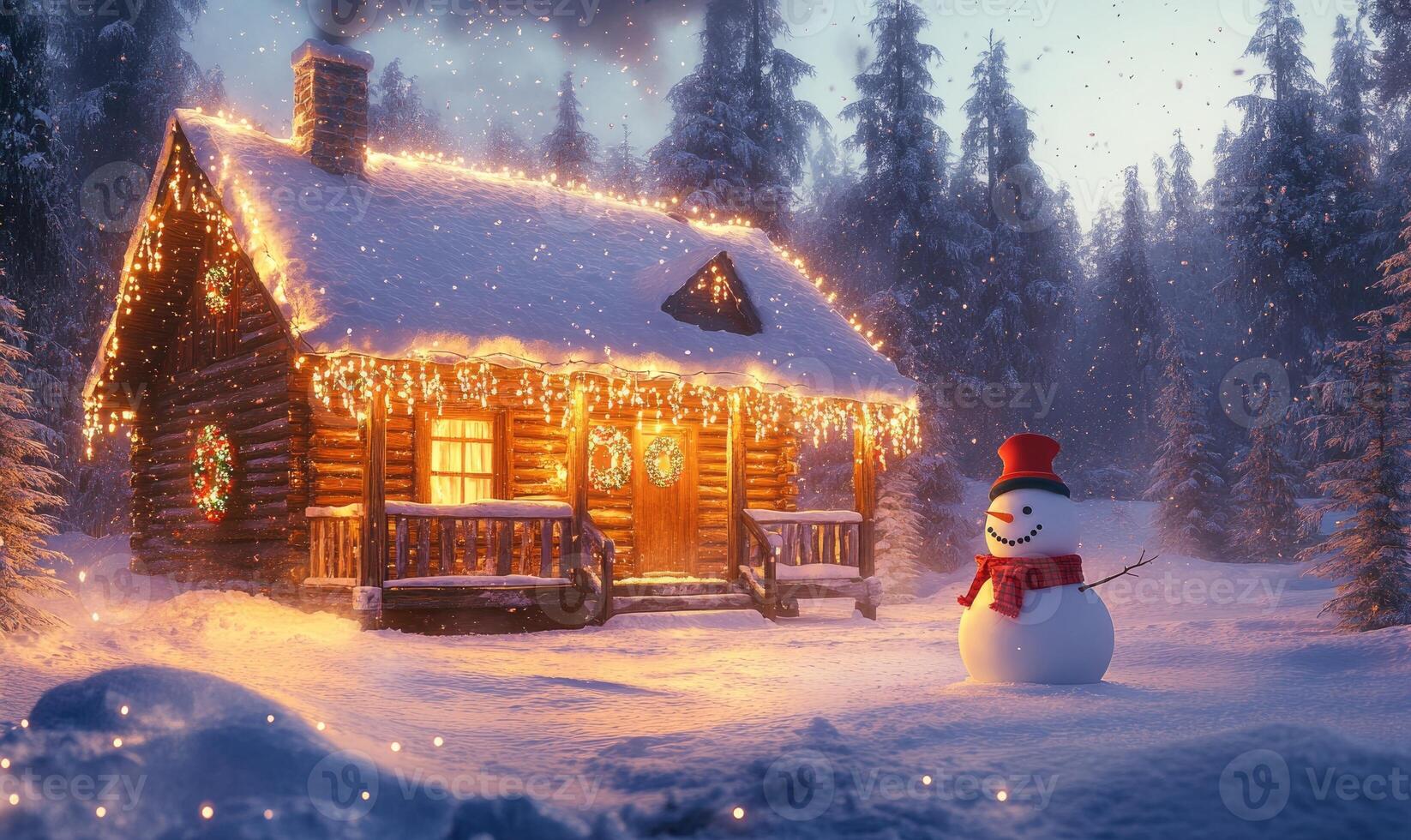 A snowman stands in front of a log cabin with a red hat and a scarf photo
