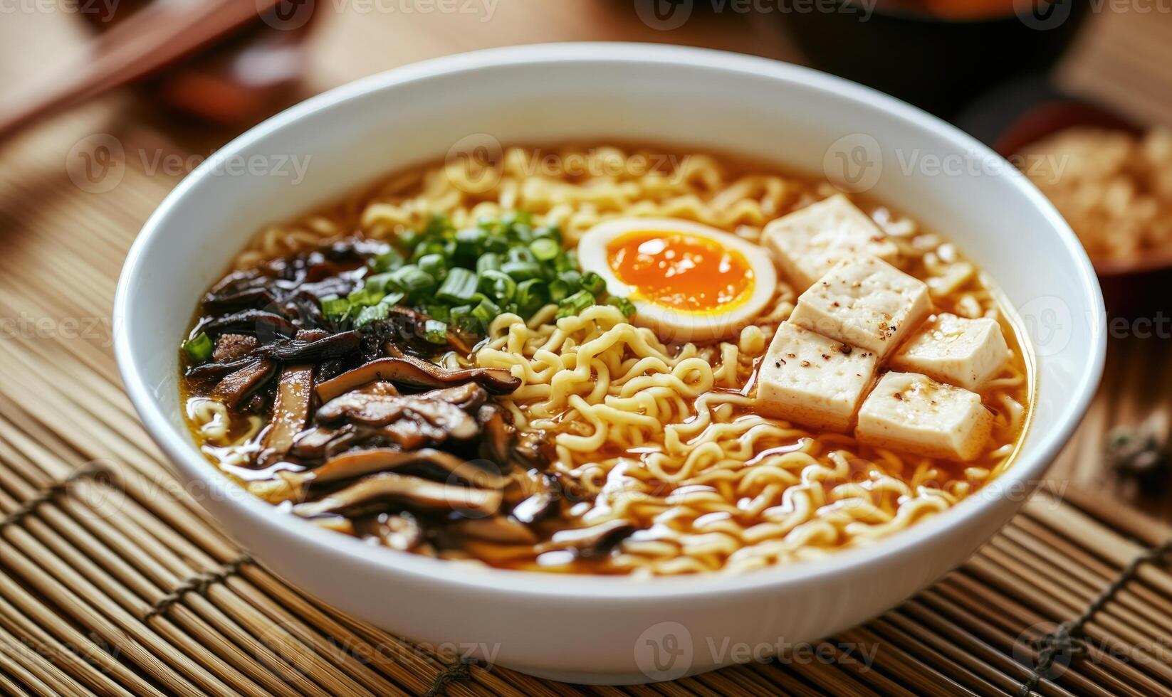 A bowl of ramen with egg and tofu photo