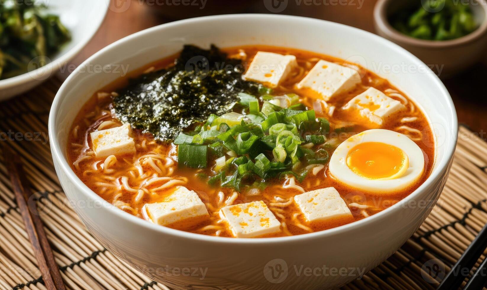 A bowl of ramen soup with egg and green onions photo