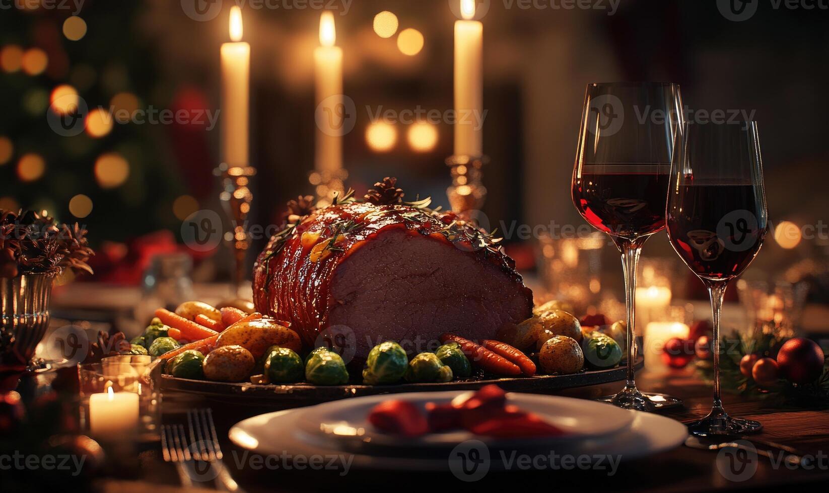 A table with a large roast turkey and a variety of vegetables, including carrots photo