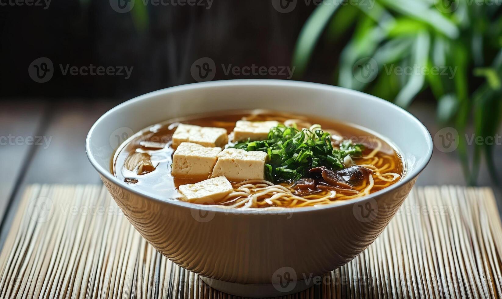 A bowl of soup with noodles and tofu photo