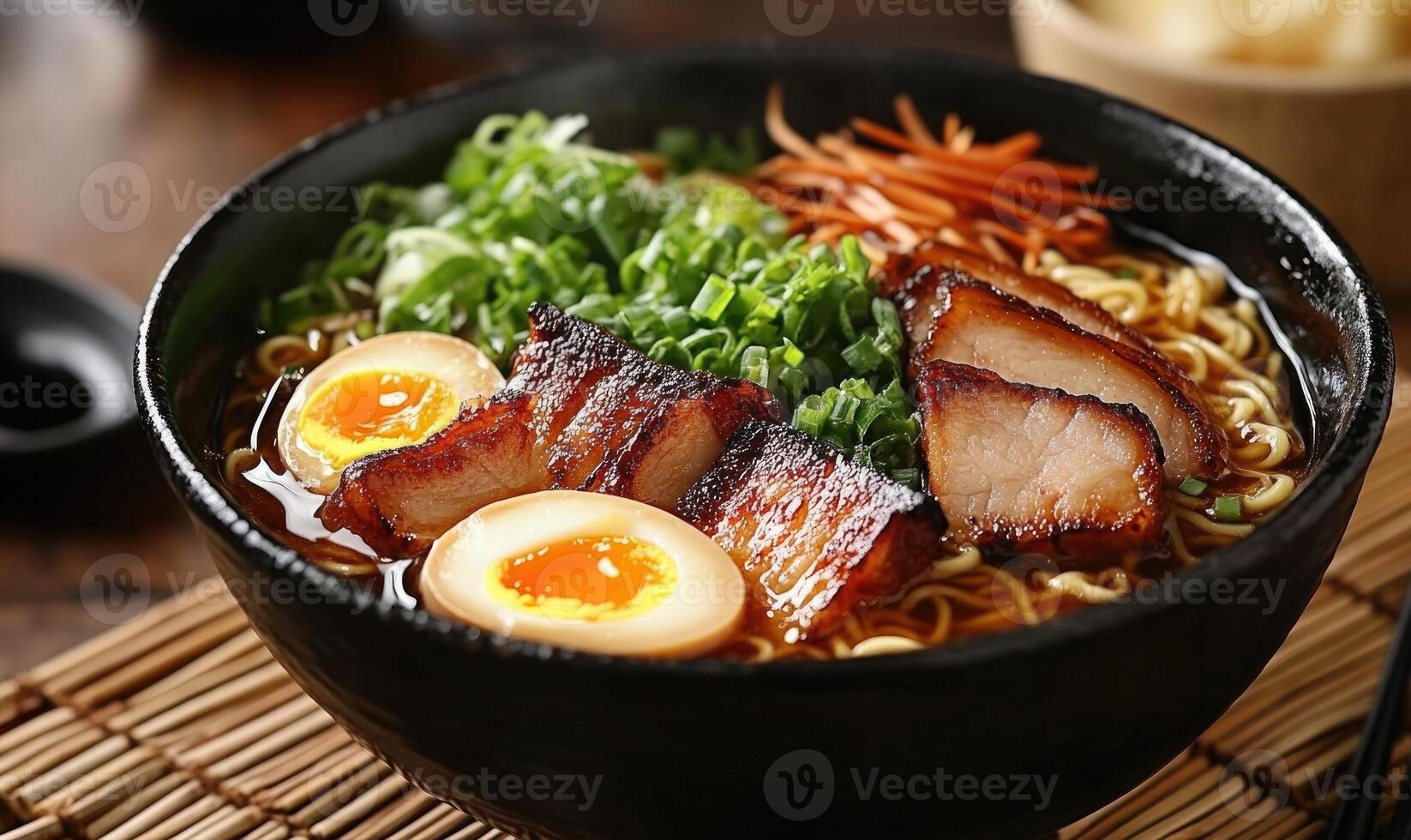 A bowl of ramen with meat and eggs photo
