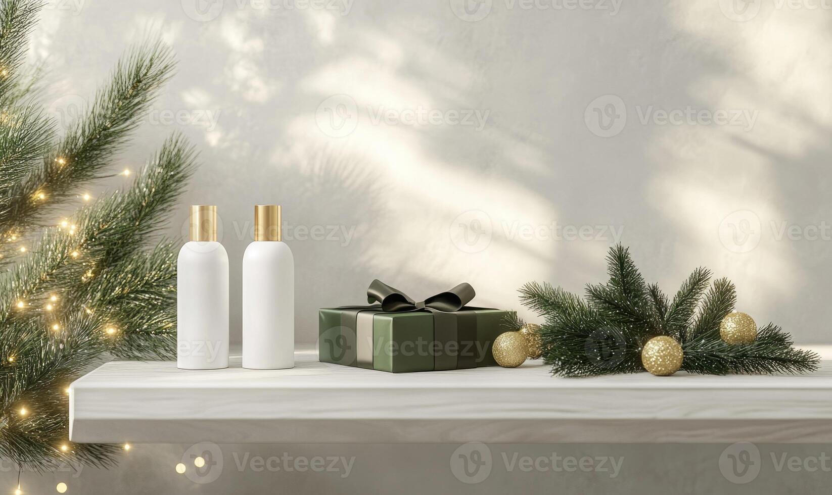 A white shelf with two bottles of shampoo and a green box with a bow on top photo