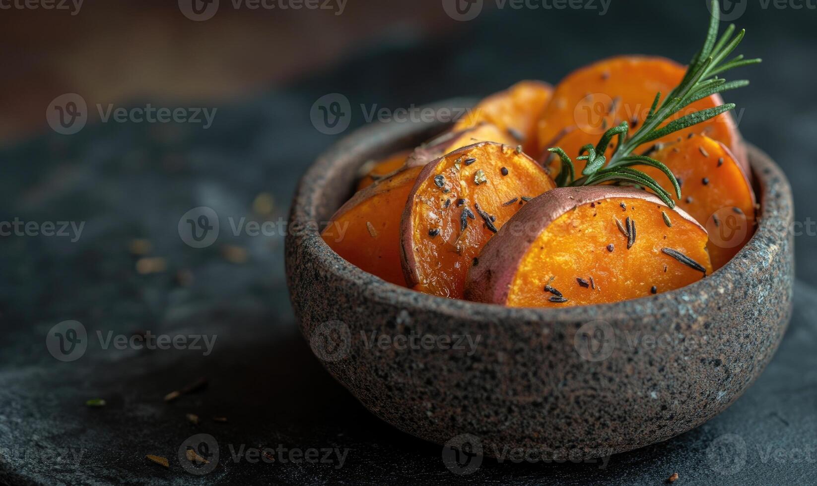 A bowl of roasted carrots with a sprig of rosemary on top photo