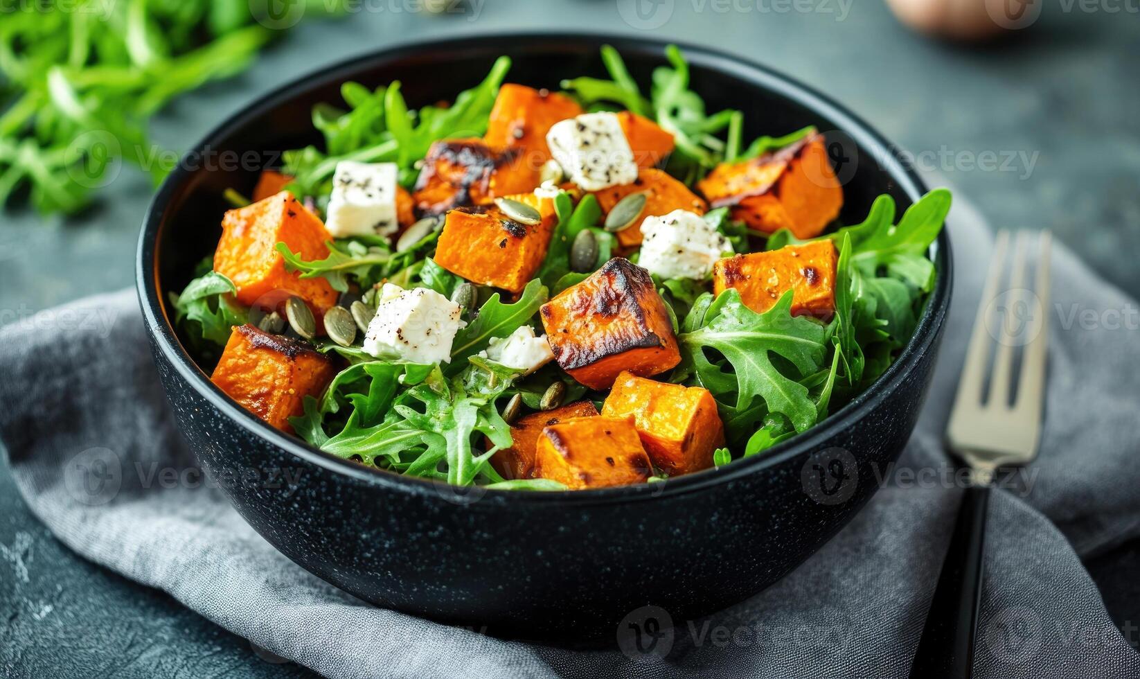 A bowl of food with a fork and knife on a table photo