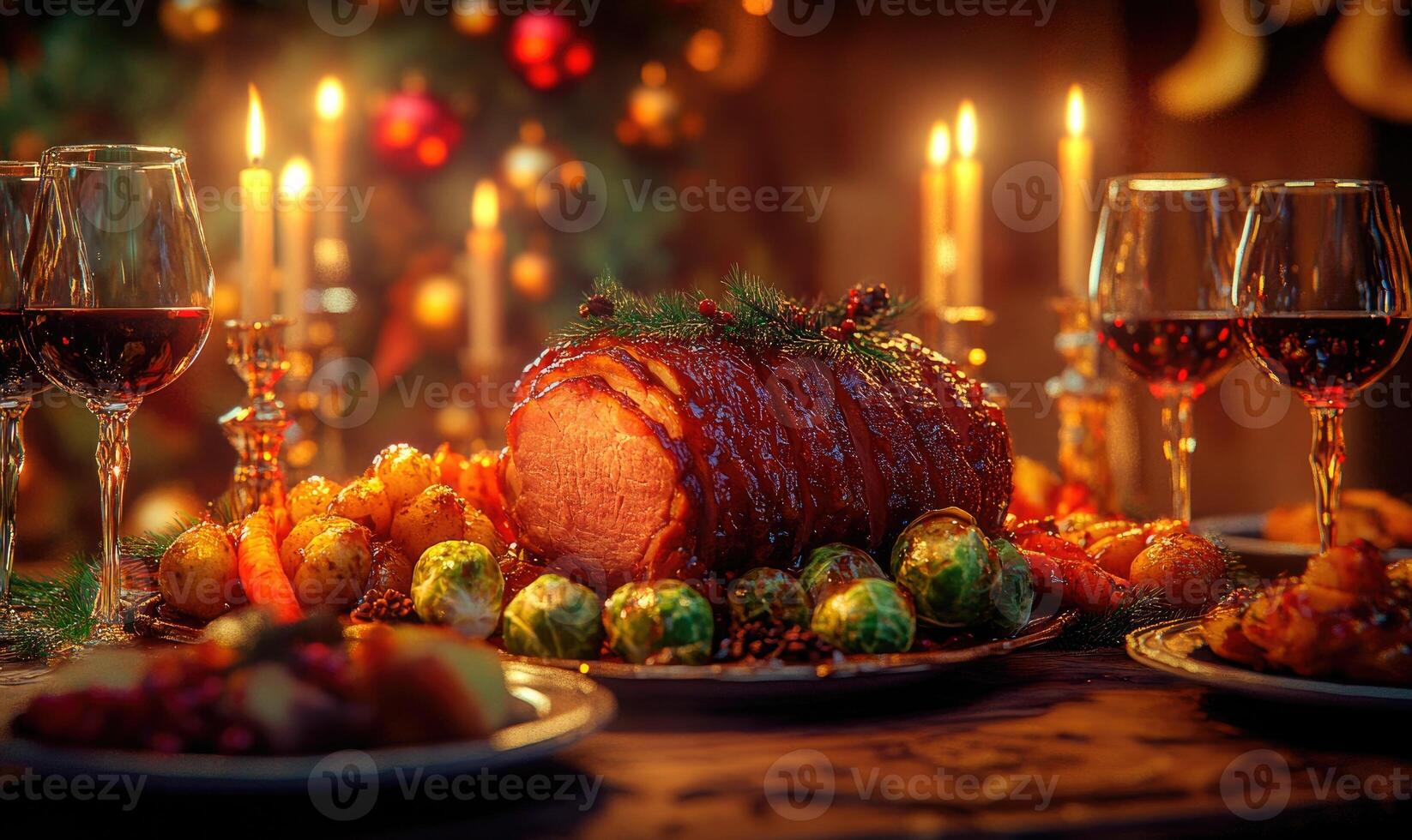 A table with a large roast and a variety of vegetables, along with wine glasses photo