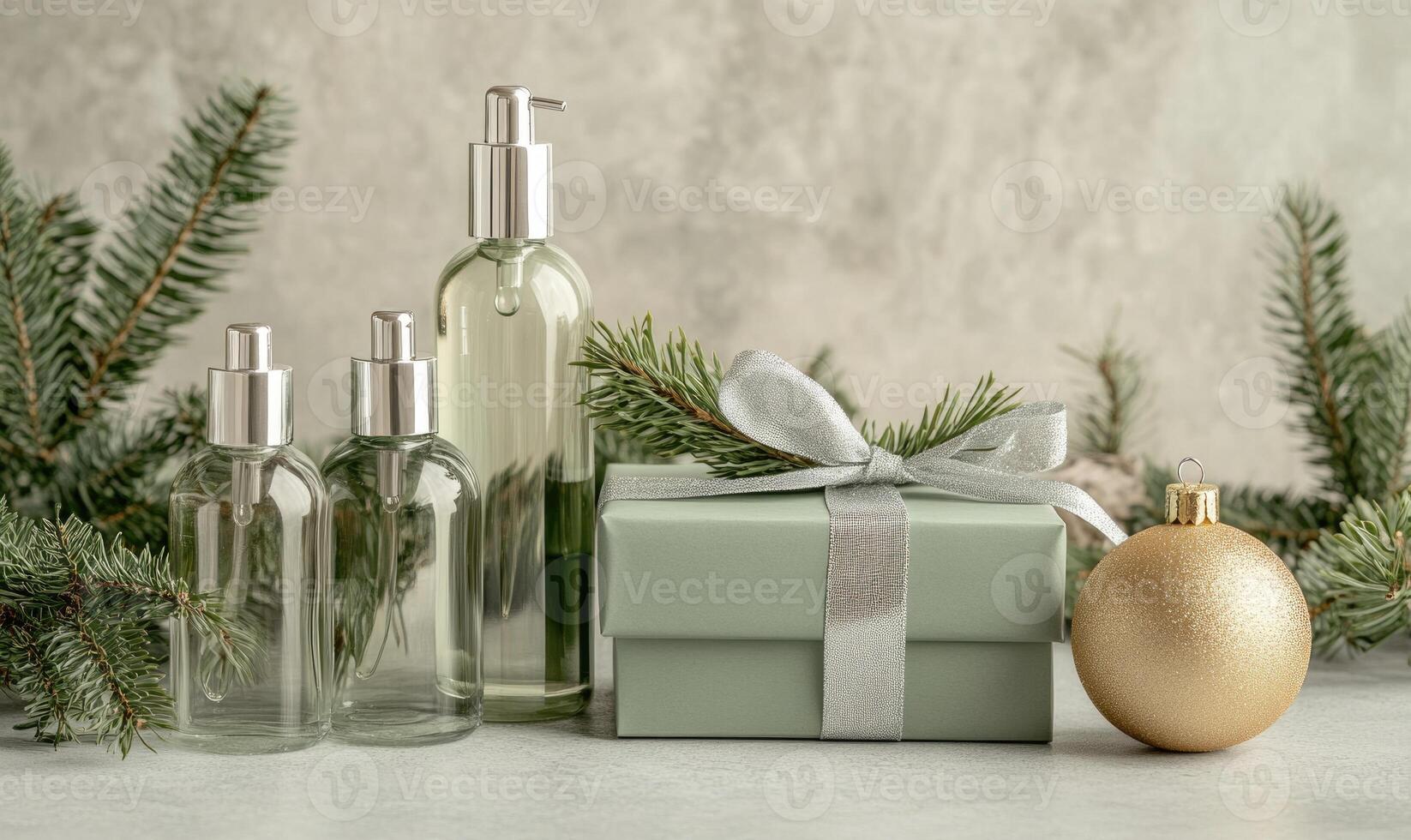 A green box with a gold ball and three bottles of perfume on a table photo