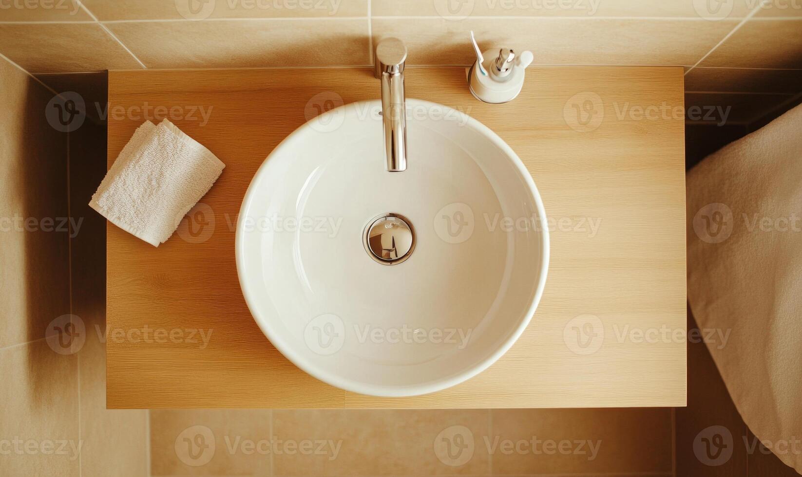 A white sink sits on a wooden countertop photo