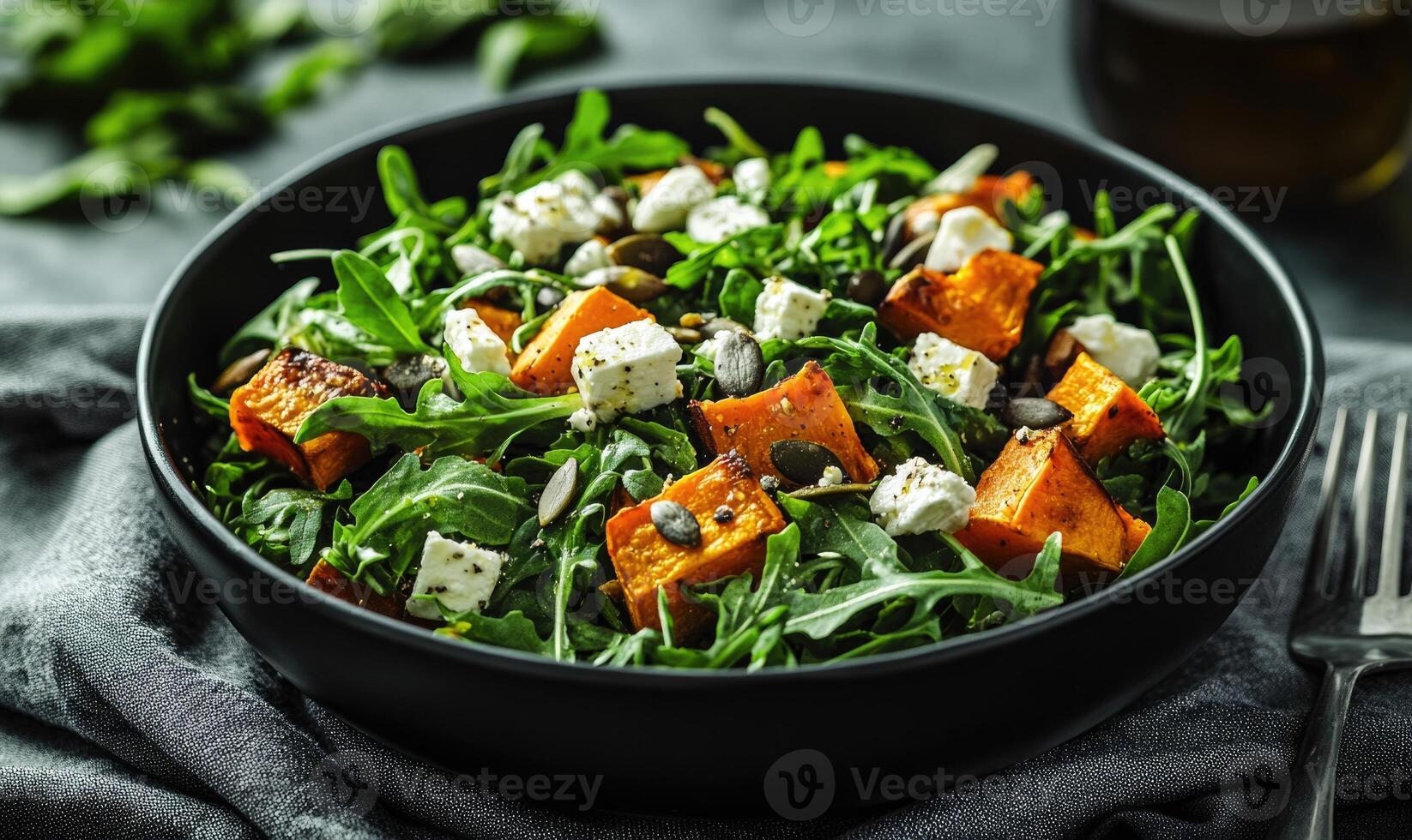 A bowl of salad with spinach, carrots, and feta cheese photo