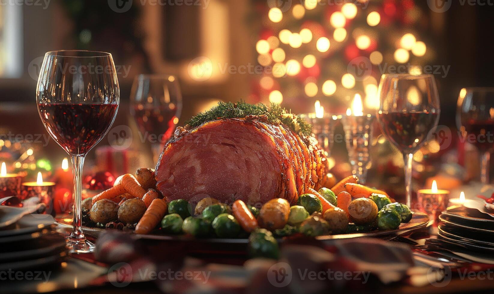 A large roast with vegetables and a Christmas tree in the background photo
