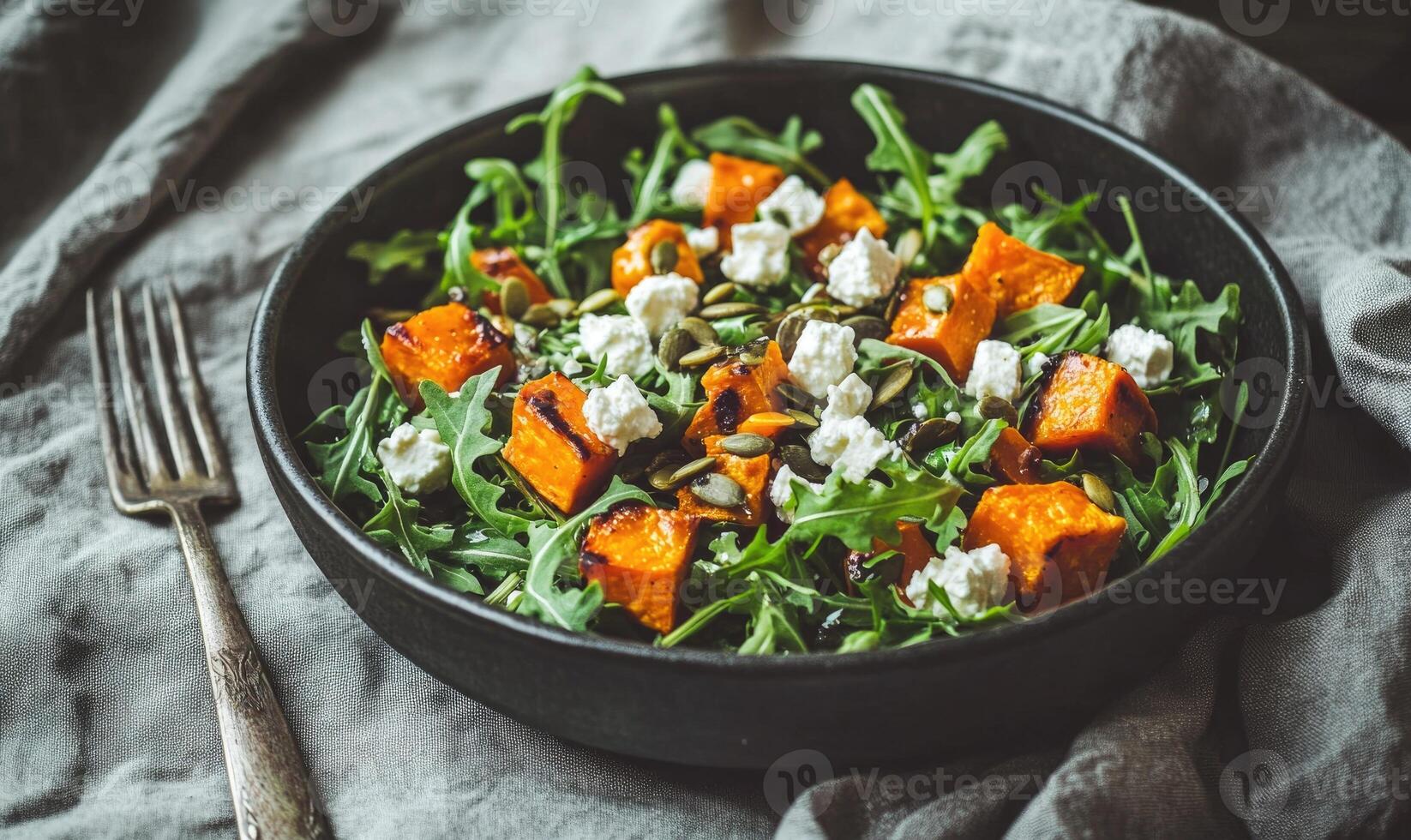 A black bowl filled with a salad of carrots and spinach photo